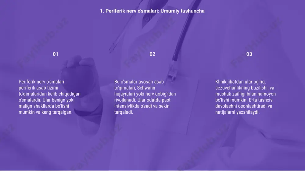 asab to'qimalarini himoya qilish va o'smalar rivojlanishining oldini olish mumkin. organizmda surunkali yallig'lanishlarni davolash, toksik moddalarni kamaytirish va har yili tibbiy ko'riklardan o'tish ham profilaktik chora sifatida muhim ahamiyatga ega. 8. oldini olish choralari e’tiboringiz uchun rahmat image1.png image2.png image3.png image4.gif image5.png image6.png image11.png