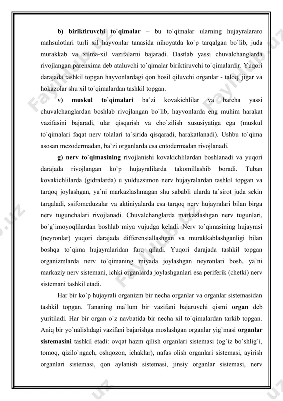 turning urchish xususiyatini oshishini kuzatish mumkin. bu hol jinsiy organlarning keskin rivojlanishiga, ularning tuxum va lichinkalarining tashqi muhitga chidamli bo`lishiga olib kelgan (sestodlarda). degeneratsiyaga hayvonlarning individual taraqqiyotida ro’y beruvchi to`qima va organlarning yemirilishi ham misol bo`la oladi. masalan, har xil hasharotlarning lichinkalarini g`umbakka aylanishida ularning ichki organlarining degeneratsiyaga uchrashi, qurbaqalarning lichinkalarida esa jabra va dumlarining yo`qolishi. 2. a.o.kovalevskiy va i.i.mechnikovlarning embriologiya sohasidagi asosiy ishlari a.o.kovalevskiy (1840-1901) va i.i.mechnikov (1845-1916) larning embriologiya sohasidagi ishlari bo`yicha har bir organizmning embrional taraqqiyoti otalangan tuxum hujayrasi - zigotadan boshlanadi. zigota o`z navbatida ko`pdan-ko`p hujayralarga - blastomerlarga bo`linadi, blastomerlar bir joyga to`plana borib morulani hosil qiladi. keyinchalik bir qavat hujayralardan tashkil topgan sharsimon yoki ovalsimon blastula hosil bo`ladi. blastulaning ichida katta bo`shliq hosil bo`lib, bu bo`shliq blastotsel deb ataladi. kelgusi taraqqiyot davrida blastula invaginatsiya yo`li (ichkariga qaytib kirish) yoki immigratsiya (hujayralarning bir qutib tomonga o`sib kirishi) yo`llari bilan ikki qator joylashgan qatlamga - ektoderma va …