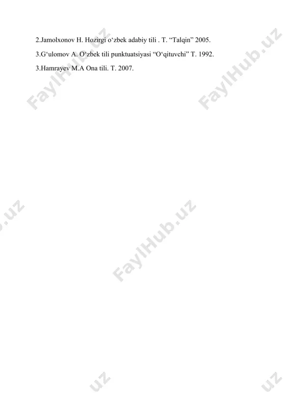 punktuatsiyaning mantiqiygrammatik, uslubiy va differensiatsiya (farqlash) prinsiplari asosida belgilanadi. tinish belgilari yozma nutqning muhim tarkibiy qismi bo‘lib, ular to‘g‘ri qo‘llanilmasa, matn mazmuni o‘zgarib ketishi yoki tushunarsiz bo‘lib qolishi mumkin. shu sababli tinish belgilarini o‘rganish va ulardan to‘g‘ri foydalanish savodxonlikning muhim ko‘rsatkichidir. foydalanilgan adabiyotlar ro'yxati: 1.nurmonov a. hozirgi o‘zbek adabiy tili .t. ilm ziyo – 2013. 2.jamolxonov h. hozirgi o‘zbek adabiy tili . t. “talqin” 2005. 3.g‘ulomov a. o‘zbek tili punktuatsiyasi “o‘qituvchi” t. 1992. 3.hamrayev m.a ona tili. t. 2007.