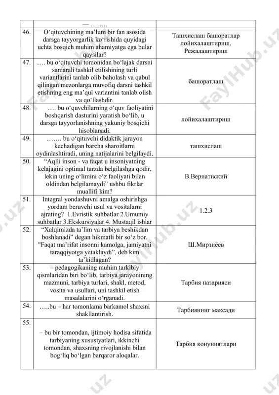 , uning natijalarini belgilaydi. ташхислаш 50. “aqlli inson - va faqat u insoniyatning kelajagini optimal tarzda belgilashga qodir, lekin uning o‘limini o‘z faoliyati bilan oldindan belgilamaydi” ushbu fikrlar muallifi kim? в.вернатиский 51. integral yondashuvni amalga oshirishga yordam beruvchi usul va vositalarni ajrating? 1.evristik suhbatlar 2.umumiy suhbatlar 3.ekskursiyalar 4. mustaqil ishlar 1.2.3 52. “xalqimizda ta’lim va tarbiya beshikdan boshlanadi” degan hikmatli bir so‘z bor. "faqat ma’rifat insonni kamolga, jamiyatni taraqqiyotga yetaklaydi”, deb kim ta’kidlagan? ш.мирзиёев 53. – pedagogikaning muhim tarkibiy qismlaridan biri bo‘lib, tarbiya jarayonining mazmuni, tarbiya turlari, shakl, metod, vosita va usullari, uni tashkil etish masalalarini o‘rganadi. тарбия назарияси 54. …..bu – har tomonlama barkamol shaxsni shakllantirish. тарбиянинг максади 55. – bu bir tomondan, ijtimoiy hodisa sifatida tarbiyaning xususiyatlari, ikkinchi tomondan, shaxsning rivojlanishi bilan bog‘liq bo‘lgan barqaror aloqalar. тарбия конуниятлари 56. – bu tarbiyaviy ishning yo‘nalishiga, mazmuniga, metodlari va tashkil etilishiga, tarbiya jarayonining ishtirokchilari orasidagi munosabatlarga qo‘yiladigan asosiy talablar ifodalanadigan …