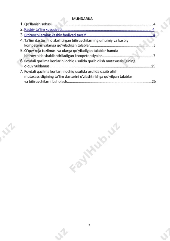 irishga ruxsat beriladi va mazkur kvalifikatsiyani muvoffaqiyatli o‘zlashtirganlarga belgilangan tartibda sertifikat beriladi. 2.2. ruhiy-fiziologik fazilatlar minimumi: kuzatuvchanlik, diqqatni bir joy qaratish, fikrni jamlash, qo‘l-oyoq harakatini jarayonga moslashtirish,har tomonlama tezfikrlashva faraz qilish, yorug‘likni sezish, faol va tez xotirlash, harakat xotirasi va moslashuvchanlik. 2.3. ta’limni davom ettirish imkoniyatlari. foydali qazilma konlarini ochiq usulda qazib olish mutaxassisligi bitiruvchisi keyinchalik kasbiy ta’limini chuqurlashtirish maqsadida: -kadrlar malakasini oshirish tizimida, tarmoq o‘quv muassasalaridava maxsus kurslarida malakani oshirishi; -kasbiy faoliyatning tegishli sohasida yanada yuqoriroq malakaga erishish maqsadida oliy ta’lim muassasasida o‘qishni davom ettirishi mumkin. 2.4. o‘qishga qabul shartlari. o‘qishga qabul shartlari amaldagi qonunchilik asosida amalga oshiriladi. 3.bitiruvchilarning kasbiy faoliyati tavsifi 3.1. bitiruvchining kasbiy faoliyat sohasi: foydali qazilmalarni ochiq usulda qazib olishga tayyorlash, qazib olish, tashish va ekspulatatsiya ishlarini mehnat muhofazasi qoidalariga amal qilgan holda bajarish. 3.1. bitiruvchining kasbiy faoliyat obyektlari: 3.1.1. texnik kvalifikatsiyasi bo‘yicha: kon jinslari; kon j inslarini qazib olishning texnologik jarayonlari: kon uskunalari va jihozlari; …