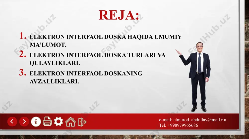 bu interfaol doskanining qaysi texnologiyalardan foydalanib ishlab chiqilganligiga bog’liq bo’ladi). bunda, interfaol doska va kompyuter o’rtasida ikki tomonlama aloqa o’rnatiladi, maxsus qalam (stilus, marker) yoki qo’l barmoqlari esa sichqoncha kabi ishlaydi. e-mail: elmurod_abdullay@mail.r u tel: +998979965686 elektron interfaol doska haqida umumiy ma’lumot. eid darslarni yanada qiziqarli va ko’rgazmali tarzda o’tishga keng imkoniyatlar yaratadi. mazkur doska yordamida o’qituvchi interfaol ta’lim resurslarni namoyish etishi, mustaqil ravishda dars ishlanmalarini tayyorlashi va o’quvchilarni doska bilan ishlashga faol jalb etish orqali darslarni yanada mazmunli va qiziqarli tashkil etishi mumkin. e-mail: elmurod_abdullay@mail.r u tel: +998979965686 elektron interfaol doska haqida umumiy ma’lumot. interfaol doska yordamida bajarilayotgan barcha amallar tegishli fayllarda xotiraga olinishi va o’tilayotgan darsga tayyor elektron material sifatida o’quvchilarga tarqatib berilishi mumkin. interfaol doskalarning dasturiy taminoti o’quchilarni dars jarayoniga yanada faolroq jalb etadigan va yangi mavzu bo’yicha bilimlarni tezroq o’zlashtirishga yordam beradigan noyob usulubiy materiallarni yaratish imoniyatini beradi. e-mail: elmurod_abdullay@mail.r u tel: +998979965686 elektron interfaol doska …
