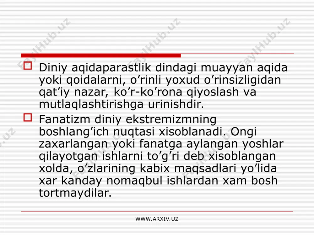 tushunchalarini, e’tiqod erkinligiga asoslangan ko’p konfessiyali dunyoviy jamiyatni obrusizlantirishga yo’naltirilgan xatti xarakatlarni amalga oshirmoqdalar. 1970-85 yilgacha bo’lgan sovet davrini o’z ichiga oladigan bosqich. bu davrda yashirin tarzda xujralarda diniy ta’lim berilgan. www.arxiv.uz www.arxiv.uz 1985-89 yillarni o’z ichiga oladi, ya’ni gorbachev davri. bu davr oshkoralik davri deb ataladi. bu davrda dinga ozgina erkinlik berildi. natijada pokiston, eron, saudiya, arabiston tomonidan adabiyotlar kirib kela boshladi. bo’lar bizning imomi azam mazxabidan farq qilardi. natijada kitoblarda yozilgan narsalarga amal qilish boshlandi. buning oqibatida imomi a’zam mazxabi noto’g’ri deydiganlar paydo bo’la boshladi. natijada odamlar o’rtasida ixtilof paydo bo’ldi. 1989 – 1993 yillar ya’ni o’zbekistonda islomiy xarakatlarni kuchayishi davri. bu davrda dinga katta erkinlik berila boshladi. natijada chet ellardan yaxshilar bilan bir qatorda yomon odamlar xam kirib kela boshladi. namanganda “adolat” partiyasi paydo bo’ldi. “islom uyg’onish partiyasi” tashkil topdi. bo’larga 1992 yil barxam berildi. 1993-1999 yillar ochiq talablar bilan chiqishga barxam berilgandan keyin bu davrda yashirish …
