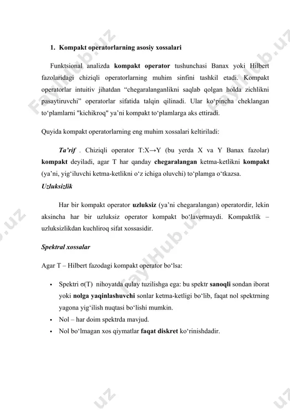 y elementlar ketma-ketligidan yaqinlashuvchi ketma-ketlikni ajratib olish mumkin bo’lsa, u holda k to’plam (kx) nisbiy kompakt deyiladi. agar k(x,) to’plam nisbiy kompakt bo’lsa va yopiq bo’lsa, u holda k to’plam (x,) metrik fazoda kompakt deyiladi. agar ixtiyoriy >0 va ixtiyoriy xk uchun (k(x,) (x,u) 0 uchun va k to’plam uchun chekli to’r mavjud bo’lsa, u holda k(x,) to’plam batamom (to’la) chegaralangan deyiladi. kompakt bo’lgan x metrik fazo kompakt deyiladi. agar k to’plam (k(x,)) chegaralangan bo’lsa, u holda x(t)k funksiya tekis chegaralangan deyiladi, ya’ni t[a,b] bo’lganda hamma x(t)k uchun c>0 son mavjud bo’lib x(t)s bo’lsa, u holda x(t) funksiyalar tekis chegaralangan deyiladi. agar har qanday >0 ixtiyoriy t1,t2[a,b] uchun shunday >0 mavjud bo’lib t2-t1 0} bo’lsa, u holda k to’plam r2 da kompakt bo’ladimi? yechish. k to’plam chegaralangan. shuning uchun 1.teoremaga asosan k nisbiy kompaktdir. lekin bu to’plam yopiq emas, chunki o(0,0) nuqta u to’plam uchun limit nuqta bo’lib o(0,0)k. demak, …