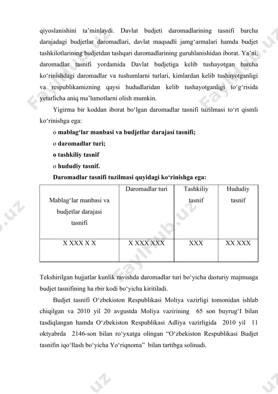 ilmay g‘aznachilik organi bosh buxgalteri tomonidan daromadlar haqida ma’lumotnoma (3 -shakl) da daromadlar tasnifini aks ettirilganligi, buxgalteriya yozuvlari tekshiriladi va 274 - son shakldagi memorial order tasdiqlanadi. moliya organi bosh buxgalteri g‘aznachilik buxgalteriyasi tomonidan tasdiqlangan yuqorida keltirilgan xujjatlarni tekshirib chiqadi. unda sintetik va analitik hisob ma’lumotlarini muvofiqligi tekshiriladi va g‘azna dasturiy majmuada “ijroga” belgisini qo‘yadi va ma’lumotlar bosh daftarga va hisobot shakllariga avtomatik o‘tadi. yuridik va jismoniy shaxslarning budjetga ortiqcha to‘langan summalarni qaytarilishi bo‘yicha yozgan arizalari soliq inspeksiyasiga kelib tushadi. soliq inspeksiyasi to‘lovchilarning shaxsiy hisobvaraqlaridagi ma’lumotlarga asosan ko‘rsatilgan to‘lov bo‘yicha to‘lovchida ortiqcha to‘langan summaning mavjudligi to‘g‘risida hulosa beradi va uni to‘lovchining arizasi bilan birga ko‘rsatilgan summani budjetdan qaytarish yoki uni kelgusi to‘lovlar hisobiga o‘tkazish to‘g‘risida qaror qabul qilish uchun moliya organiga beradi. moliya organlari ortiqcha o‘tkazilgan mablag‘ni qaytarish uchun bank muassasasiga taqdim etadi va bank muassasasi kunlik tushgan budjetga o‘tkaziladigan (daromad turiga muvofiq) mablag‘ hisobiga qaytariladi. bunda g‘aznachilik organlari tomonidan …