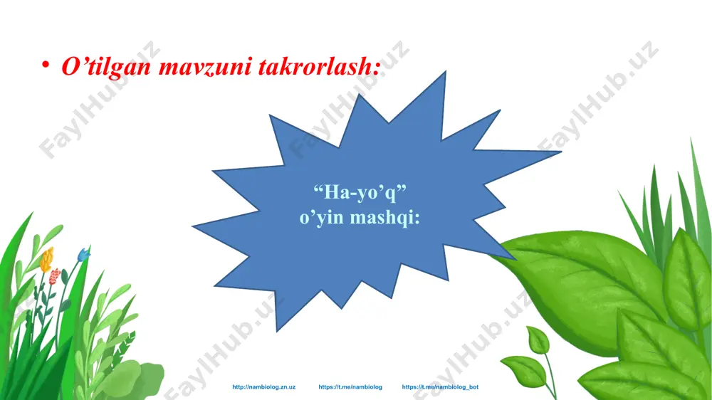 lar sathi kamayib, quruqlik ortishi yanada davom etgan. iqlim mo‘tadil bo‘lgan. quruqlikning ko‘pgina qismi dasht, yarim dashtga aylangan. dengizlarda tog‘ayli baliqlar rivojlanib, «qalqondor» baliqlarning yashash uchun kurashda kamaya borishi ro‘y bergan. so‘ngra suyakli baliqlar kelib chiqqan. sayoz havzalarda ikki yoqlama nafas oluvchi baliqlar, panjaqanotli baliqlar rivojlangan. bu davrda baland bo‘lib o‘suvchi qirqquloqlar, qirqbo‘g‘imlar, plaunlardan dastlabki o‘rmonlar hosil bo‘lgan. bo‘g‘imoyoqli hayvonlarning ayrim guruhlaridan ko‘poyoqlar va dastlabki hasharotlar rivojlangan. devon davrining o‘rtalariga kelib suv hamda quruqlikda yashovchilarning dastlabki turlari vujudga kelgan. http://nambiolog.zn.uz https://t.me/nambiolog https://t.me/nambiolog_bot : toshko’mir toshko‘mir davrida iqlim nam, havoda karbonat angidrid ko‘p bo‘lgan. quruqlikdagi pasttekisliklarda botqoqli yerlar ko‘p uchragan. ulardan balandligi 40 m ga yetadigan qirqquloqlar, qirqbo‘g‘imlar, plaunlar o‘sgan. bulardan tashqari ochiq urug‘li o‘simliklar paydo bo‘lgan. daraxtsimon o‘simliklarning yoppasiga halok bo‘lishi o‘sha joylarda keyinchalik ko‘mir qatlami hosil bo‘lishiga olib kelgan. suv hamda quruqlikda yashovchilarning dastlabki vakillari hisoblangan stegotsefallar nihoyatda ko‘p va xilma-xil bo‘lgan. uchuvchi hasharot - suvaraklar, ninachilar rivojlangan http://nambiolog.zn.uz …
