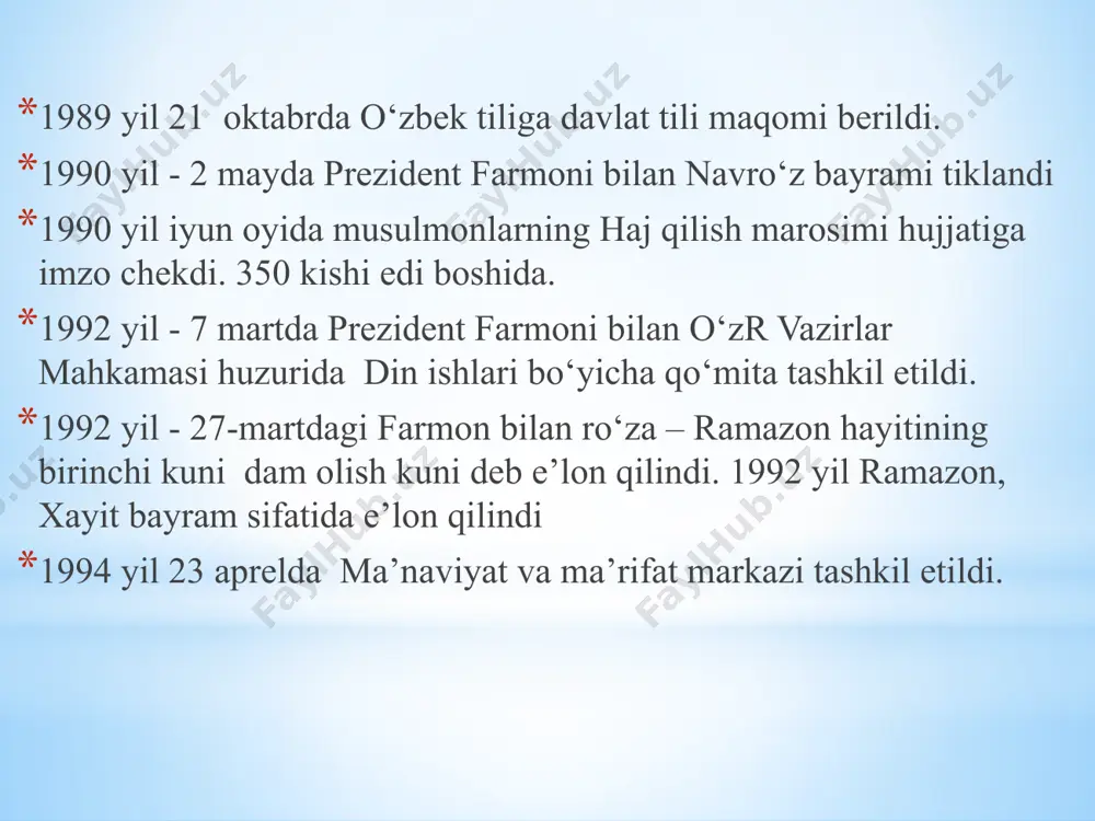 mos yo‘li borligi, u o‘zbek xalqining milliy manfaatlariga asoslanishini eʼlon qildi. o‘zbekistonning milliy manfaatlarini esa, albatta, uning milliy g‘oyasi ifoda etadi. milliy g‘oya hech bir shaxs yoki buyuklar tomonidan o‘ylab topilmagan. u buzg‘unchi g‘oyalardan farqli ravishda o‘zbek xalqining og‘zaki (аlpomish, go‘ro‘g‘li, kuntug‘mish kabi) va yozma ijodiyotida (аvesto, forobiy, navoiy asarlari kabi), xalqimiz hikmatlari, urf-odat va anʼanalarida asrlar davomida shakllanib, rivojlanib kelmoqda. о‘zbekiston ma’naviy hayotidagi muhim sanalar 1991 yil – alisher navoiy yili 1992 yil milliy olimpiada qo‘mitasi tashkil etilgan 1992 yil jahon chempionatida kurashchilar - «navro‘z»ga rasmiy darajada umumxalq bayrami maqomi berildi - ro‘za hayiti umumxalq bayrami sifatida nishonlana boshlandi 1993 yil - sentabrda buxoroda mashhur shayx baxouddin naqshbandiyning 675 yilligi yubileyi nishonlandi. 1994 yil - 23 aprelda ma’naviyat va ma’rifat jamoatchilik markazi tashkil etildi. 1999 yil 7 aprel prezident farmoni bilan toshkent islom universiteti tashkil etildi. 1993 yil - bahouddin naqshbandiyning 675 yilligi. - nukus shahrining 60 yilligi. - …