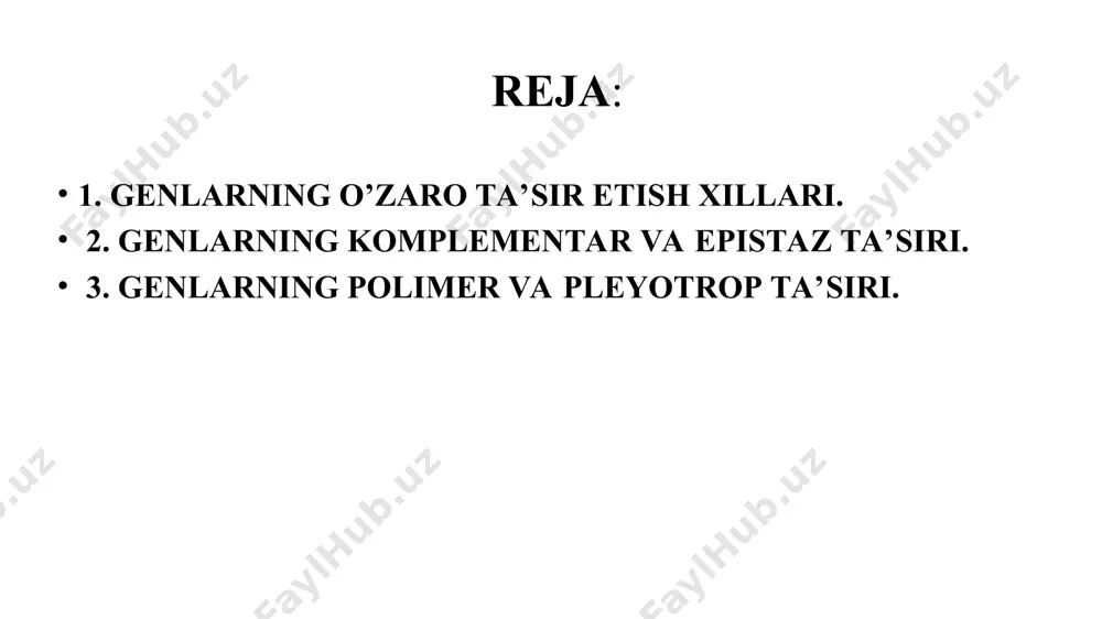 n taʼsiridan ustun bo‘lishi. allel bo‘lmagan bir xildagi bir nechta gen bitta belgining rivojlanishiga o‘xshash taʼsir ko‘rsatishi genlarning polimer taʼsiri deyiladi. 4-слайд kelib chiqishi har xil, lekin oq rangda gullaydigan no‘xotlar (aavv x aavv) chatishtirilganda, birinchi bo‘g‘in qizil rangli (aavv) bo‘lib gullaydigan no‘xot o‘simligining paydo bo‘lishi va ular o‘zaro (aavv x aavv) chatishitirilganda ikkinchi bo‘g‘inda belgilarning ajralishi 9:7 nisbatda bo‘ladi. qora (aavv) sichqon bilan albinos (aavv) sichqon chatishtirilganda, birinchi bo‘g‘inda kul rang (aavv) sichqon vujudga keladi. kul rang sichqonlar o‘zaro chatishtirilganda, (aavv x aavv) ikkinchi bo‘g‘inda 9 ta kul rang, 3 ta qora va 4 ta oq rangli sichqonlar paydo bo‘ladi, fenotip bo‘yicha ajralish 9:3:4 nisbatda bo‘ladi. agar kelib chiqishi har xil (aavv x aavv), lekin shakli sharsimon qovoqlar chatishtirilsa, f1 da faqat gardishsimon (aavv) qovoqlar vujudga keladi. f2 da ajralish 9:6:1 nisbatda, yaʼni 9 ta gardishsimon, 6 ta sharsimon, 1 ta cho‘zinchoq qovoqlar hosil bo‘ladi. bunda dominant komplementar genlarning …