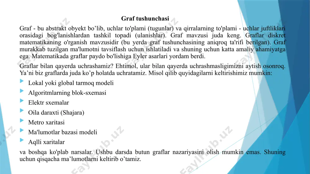 q (full) deyiladi, agar u 2t - 1 kalitni o'z ichiga olsa. xulosa men kurs ishimni daraxtlar va ularni qayta ishlash haqida yozdim. daraxtlar va ularni qayta ishlash mavzusida bajargan kurs ishimni bajarish davomida algoritm, garaf va daraxt haqida tariflar keltirdim. daraxtlarni pryufer kodini xosil qilish usuli haqida ma’lumot keltirdim va c++ da dasrtur kodini keltirdim. daraxtlarning turlari haqida ham ma’lumotlar keltirdim. xususan b-daraxt haqida ham. b-daraxtda bajarish mumkin bo’lgan dasturla keltirdim. foydalanilgan adabiyolar m.o‘. ashurov, sh.a.sattarova, sh.u.usmonqulov, “algoritmlar” , «fan va texnologiya» nashriyoti, 2018. h.to’rayev,“kombinatorika va graflar nazariyasi”, “ilm ziyo”, 2009, akbaraliyev b.b., yusupova z.dj. , “ma‟lumotlar tuzilmasi va algoritmlar”, toshkent 2013 toirov sh.a., raximov r.t., karimov m.m ,” “algoritmga kirish” fanidan laboratoriya ishlarini bajarish bo’yicha uslubiy ko’rsatma”, samarqand 2015, xayitmatov o’.t., inogomjonov e.e., sharipov b.a., ro’zmetova n., rahimboboeva d,” ma'lumotlar tuzilmasi va algoritmlari”, toshkent – 2011 л.и.домнин, “элименты теории графов” , “пенза издательство пензенского государственного университета“ ,2007 никлаус …
