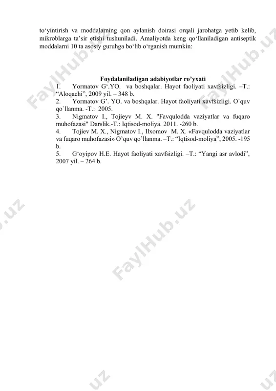 va yuqori samara beradi. yorug‘lik, quruq issiq, ultratovush, ultrabinafsha nurlar va boshqa omillarni ham fizikaviy antiseptikaga kiritish mumkin. kimyoviy antiseptika. bakteriyalarning rivojlanishini to‘xtatuvchi (bakteriostatik) va bakteriyalarni o‘ldiruvchi (bakteriotsid) xususiyatga ega moddalarni qo‘llash kimyoviy antiseptika hisoblanadi. mikroblarga ta’siridan tashqari, kimyoviy moddalar to‘qima, jarohat va organizmga ham biologik ta’sir qiladi. shuning uchun ham antiseptikaning mazkur turi qo‘llanilayotgan davo muolajalari vaqtida ishlatilayotgan moddalarning dozalari (miqdorlari) ni qat’iyan me’yorlash shart. biologik antiseptika. biologik antiseptikada mikroblarning o‘sishi va rivojlanishini to‘xtatuvchi biologik vositalar yordamidagi ta’sirlar ko‘zda tutiladi. bular: antibiotiklar; bakteriofaglar; antitoksinlar (qoqsholga qarshi, difteriya (bo‘g‘ma)ga qarshi zardoblar). aralash antiseptika. mikroblarning hujayralari va makroorganizmlarga ta’sir doiralarini o‘rganayotganda antiseptika turlarining o‘rnini almashtirish mumkin emas. chunki ularning ta’sir kuchlari hamjihatlikda ortib boradi. mikroblarga qarshi ta’sirini oshirish uchun antiseptikaning bir nechta turini birgalikda qo‘llash maqsadga muvofiqdir. masalan, bugungi kunda jarohatlarni davolash maqsadida birlamchi jarrohlik yo‘li bilan ishlov berilayotganda (mexanik va kimyoviy antiseptika), u biologik (antibiotiklar va qoqsholga qarshi zardoblarni yuborish) …