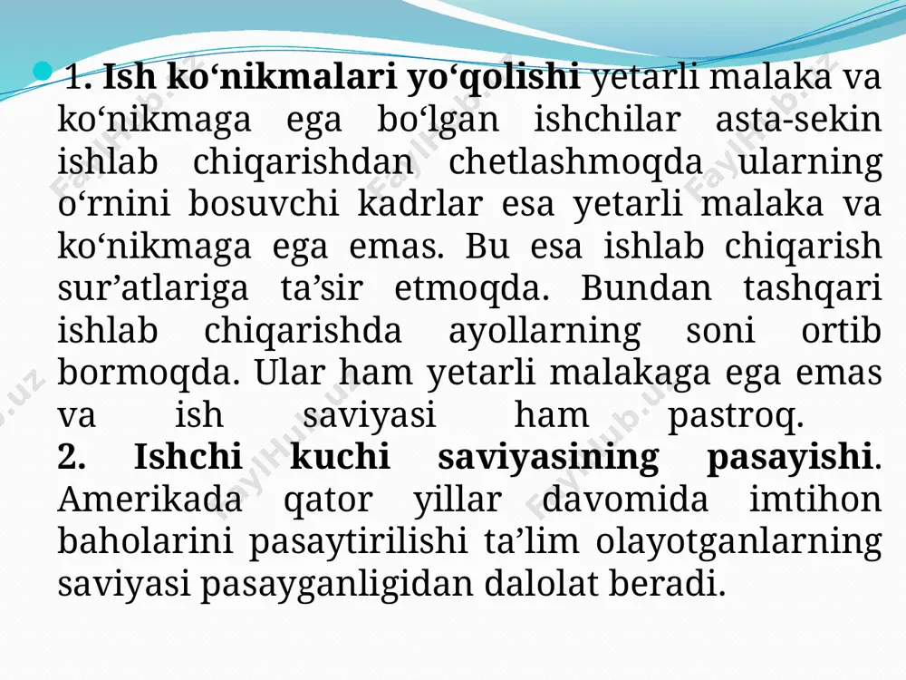 a noroziliklarni keltirib chiqardi. 1. raqamlar o‘yini. loyihachilar modelni ishlab chiqarishda aholi va ishlab chiqarish hajmi eksponenta bo‘yicha ko‘payib boradi deb taxmin qilishgan. aslida esa bunda bir qator ijobiy omillar hisobga olinganda raqamlar nisbatan ijobiy sur’at kasb etadi. 2. texnologiya va resurslar ko‘payishi. yana bir norozilik sababi shuki texnika taraqqiyoti resurslar ko`payishiga, resurslarning yangi turiarini kashf etilishiga resurslarni qayta ishlashning yangi yanada samaraliroq usullarini qo`llanilishiga olib keladi. masalan, bugungi kunda neft konlarini oshish va neftni qayta ishlash bo‘yicha texnologiyalar 1900- yilgiga nisbatan bir necha o‘n barobar o‘sdi. bundan tashqari yangi texnologiyalar tugab borayotgan resursning o‘rinbosarini topishga va ishlatishga yordam beradi. bu resurslarning qayta tiklanishi uchun sharoit yaratadi. masalan, quyosh, shamol, suv energetika sanoatida neft ko‘mir va tabiiy gaz o‘rnini ma’lum darajada bosishi mumkin. umuman olganda texnika taraqqiyoti cheklangan resurslarning tejamiga yordam beradi. imitatsion modelda esa buning aksi ko‘rsatilgan. 3. bozor belgilari. bozor narxlarining o‘zgarishi kutilayotgan falokatning oldini olishga qodir bo‘lgan …