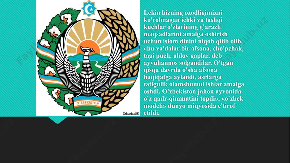 z bilan ifoda etadigan bo‘lsak, vatanimiz mustaqilligi, ta’bir joiz bo‘lsa, yangi hayot, yangi jamiyat binosi uchun zamin bo‘lgan hal qiluvchi dasturiy maqsad va g‘oyalarni islom karimov o‘sha dolg‘ali yillardayoq, uzoqni ko‘rgan holda, o‘ziga nechog‘lik aniq-ravshan tasavvur etgani mazkur to‘plamning har bir sahifasidan bamisoli “qizil ip” bo‘lib o‘tishini ta’kidlash o‘rinlidir. shu davr mobaynida o‘lkamizda ro‘y bergan farg‘ona, guliston, bo‘ka, o‘sh, namangan voqealari paytida, tarixda “gkchp” deb nom olgan, sssr davlatining so‘nggi kunlarida bir guruh imperiyaparast kuchlar tomonidan amalga oshirilgan siyosiy to‘ntarish chog‘ida va boshqa shu kabi o‘ta keskin vaziyatlarda islom karimovning yakkayu yagona to‘g‘ri yo‘lni topa olgani, xalqimizning tinchligi va xavfsizligini ta’minlash uchun kechayu kunduz tinimsiz mashaqqatli faoliyat olib borganini tasdiqlaydigan tarixiy manbalar ham ushbu kitobda o‘z aksini topgan. mamlakatimizni jar yoqasiga olib kelib qo‘ygan og‘ir ijtimoiy-iqtisodiy ahvolni o‘nglash, xalq dardiga darmon bo‘lish, yillar davomida yechilmasdan kelgan muammolarni hal etish maqsadida aholiga uy-joy qurish uchun uchastka maydonlari va tomorqa yerlari ajratish, …