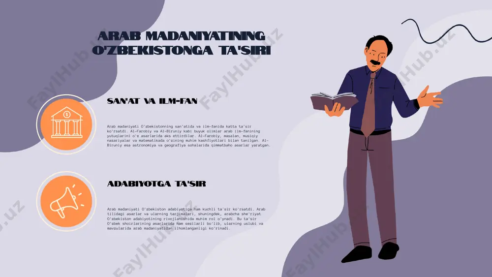 o'ladilar. bu almashinuvlar madaniy aloqalarni kuchaytiradi va yangi imkoniyatlarni yaratadi. madaniy ta'sir va o'zaro ta'sirlar arab davlatlarining o'zbekistonga ta'siri arab davlatlari o'zbekiston madaniyatiga katta ta'sir ko'rsatgan. misol uchun, arab musiqasi, raqs va san'at shakllari o'zbekistonning xalq an'analariga qo'shilib, yangi uslublarni olib keldi. o'zbekistonda o'zaro ta'sirlar natijasida yangi san'at shakllari paydo bo'ldi, masalan, arab uslubidagi raqslar va musiqalar. madaniy tadbirlar va festivallar o'zbekiston va arab davlatlarida ko'plab madaniy tadbirlar va festivallar o'tkaziladi. 'navro'z' bayrami o'zbekistonda nishonlanadi, arab davlatlarida esa 'eid al-fitr' va 'eid al-adha' bayramlari o'tkaziladi. bu tadbirlar madaniyatlarni bir-biriga yaqinlashtirib, do'stlikni mustahkamlashga yordam beradi. xulosa o'zbekiston va arab davlatlari o'rtasidagi aloqalar tarixiy, madaniy va iqtisodiy jihatdan muhim ahamiyatga ega. arab madaniyatining o'zbekistonga ta'siri, san'at va musiqa sohalarida madaniyat almashinuvlari yangi imkoniyatlar yaratdi. iqtisodiy hamkorlik, energetika, qishloq xo'jaligi va turizm sohalaridagi o'zaro manfaatlar ko'rib chiqildi. savdo yo'llarining rivojlanishi o'zbekistonning mintaqadagi savdo pozitsiyasini mustahkamlash imkonini beradi. kelajakda hamkorlik yanada rivojlanishi kutilmoqda. e'tiboringiz …