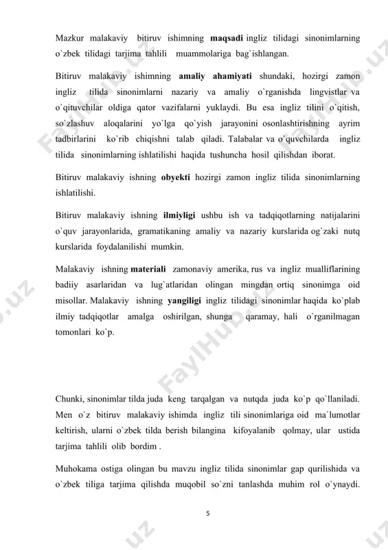 iruv malakaviy ishimda ingliz tili sinonimlariga oid ma`lumotlar keltirish, ularni o`zbek tilda berish bilangina kifoyalanib qolmay, ular ustida tarjima tahlili olib bordim . muhokama ostiga olingan bu mavzu ingliz tilida sinonimlar gap qurilishida va o`zbek tiliga tarjima qilishda muqobil so`zni tanlashda muhim rol o`ynaydi. vaholanki, tarjima tahlilidan o`zimizda mavjud badiiy asarlarning boshqacharoq talqini yoki variantga ega bo`lish emas, balki yangi go`zallik olami, yangi adabiyot, yangi ezuvchi kashf etish ommaga yangi estetik olam eshigini ochijdan iborat, shunday ekan sinim so`zlarning ingiliz va o`zbek tilidagi tahlili haqida so`z borar ekan, sinonim so`zla shunchaki hashamdorlik emas, balki tilning chinakam boyligidir. tilshunos olim v. g. vilyuman ta`kidlaganidek: “sinonimlarning tarjima tahlilida bir xil bo`lgan qism, birlashtiruvchi leksik ma`nodan tashqari yana boshqa qismlar har bir sinonimda o`ziga hos boshqasidan farqli bo`ladi”. anashu farqlar sinonimdan har birining ingliz va o`zbek tilida yashashi va qo`llanish o`rnini ta`minlaydi. tilda har bir jihatdan bir-biriga teng bo`lgan, har jihatdan bir-birini qoplaydigan …