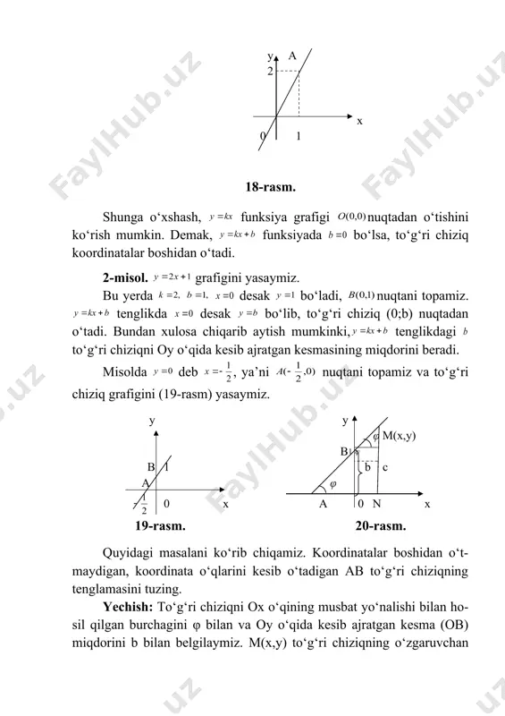 chiziqning burchak koeffitsiyentli tenglamasi deyi-ladi. to‘g‘ri chiziqning burchak koeffitsiyenti deyiladi: k>0 bo‘lsa, to‘g‘ri chiziq ox o‘qining musbat yo‘nalishi bilan o‘tkir burchak hosil qiladi, k 0 bo‘lganda a 0 bo‘lganda 8 tarmoqlari yuqoriga yo‘naltirilgan paraboladan iborat. 22-rasmda parabolaning grafigi tasvirlangan parabolaning grafigi -2 2 funksiyaning grafigini ox o‘qiga 0 x nisbatan akslantirishdan hosil bo‘ladi (22-rasm). 22- rasm. keltirilgan grafiklardan foydalanib, ning grafigini yasash mumkin bo‘ladi. buning uchun ning grafigini oy o‘qi yo‘nalishi-da c birlikka yuqoriga, agar c>0 bo‘lsa, va c birlikga pastga, agar c 0 k<0 bo‘lganda i va iii, ii va iv chorak-larda joylashadi. 27 rasmda ning grafigi keltirilgan. y 6. funksiyani tekshiramiz. . juft funksiya, ya’ni grafigi oy o‘qiga nisbatan simmetrik joylashgan. bo‘lsa , bo‘lsa 0 x grafigi 28-rasmda keltirilgan. 28-rasm. mashqlar 267. funksiyalar grafiklarini yasang. 1) ; 2) 3) ; 4) ; 5) ; 6. . 268. 1) ; 2) ; 3) ; 4) ; 5) ; 6) …