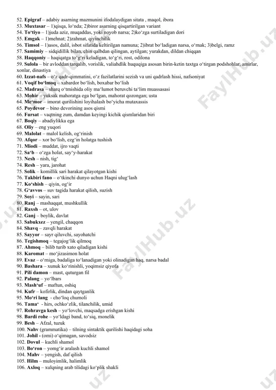 biror narsaning sababini o‘zicha taxmin qilmoq 33. nazm – she‘riy shakldagi ijod 34. devon – nazmiy asarlar to‘plami 35. tig‘ – nayza, yoy kabi jang quroli 36. shukrona – yaratgan bergan ne‘mat uchun savob ish qilmoq 37. mutafakkir – buyuk donishmand 38. xaloyiq – odamlar, jamoa 39. bir ariqdan suv ichmoq – yonma-yon qo‘shni bo‘lib yashamoq 40. iste‘dod – yuqori darajali tug‘ma qobiliyat 41. insho – tashkil etish, yaratish, qurish, barpo qilish 42. bilim – borliq haqidagi yoki ilmiy, madaniy, ma‘rifiy, ma‘naviy, harbiy va boshqa sohalarga oid nazariy, amaliy ma‘lumotlar, tushunchalar majmuyi 43. ko‘nikma – biror ishda orttirilgan malakadan kamroq tajriba 44. malaka – kasbni, ishni yaxshi o‘zlashtirish natijasida orttirilgan ko‘nikmadan balandroq mahorat 45. tafakkur – o‘ylash, fikr yuritish 46. izlanish – yangilik toppish, yaratish harakatida bo‘lish, shunday maqsadli harakat, faoliyat 47. mas‘uliyat – biror ish, xatti-harakat oqibati, natijasi uchun bo‘lgan javobgarlik 48. muqarrar- vujudga kelishi aniq, shubhasiz turgan gap. …