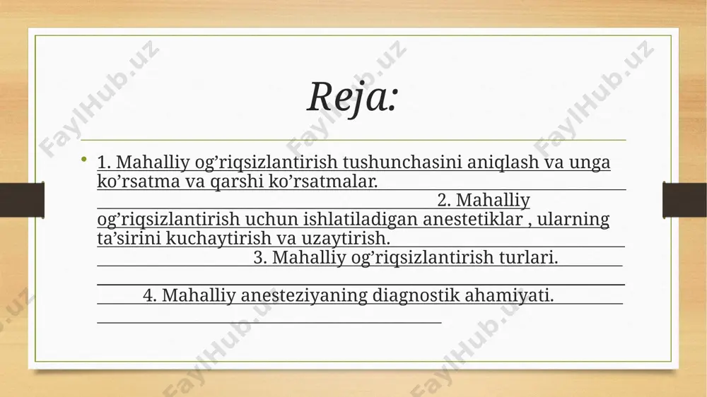 maxsus in`ektor (ignasiz usul) bi-8 yordamida o`tkaziladi. og‘riqsizlantirish nfiltratsion va o`tkazuvchi usulda o`tkaziladi. infiltratsion, aplikatsion va muzlatib og‘riqsizlantirilganda, og‘riq qabul qiluvchi periferik retseptorlarni o`tkazuvchi og‘riqsizlantirganda operatsion maydondagi og‘riq impul‘slarni o`tkazuvchi asosiy o`zagini (asosiy yoki ko`pincha uning periferik tarmog‘ini) tormozlaydi. bemorlarda anestetiklarga sezuvchanligini ortishi 1.bemorning o`zining orperatsiyasida qatnashishidan bosh tortishi 2. oson qo`zg‘aluvchanlik, bemor psixoemostional turg‘un emasligi. 3. mahalliy anesteziya noeffektivligi yoki uning qo`llash qiyinligi. 4. bemor psixik holati buzilganligi. 5. bolalarda jarroxlik aralashuvi. 6. stomatologik aralashuvni travmativligi. qolgan barcha holatlarda unga qarshi ko`rsatmalar yo`q. bundan tashqari, mahalliy anesteziya travmatik va uzoq davom etuvchi orperatsiyalarda ham qo`llanilmaydi mahalliy noin’ektsion og’riqsizlantirish. noin‘ektsion usullarga shilliq qavatni turli kimyoviy moddalar bilan applikaqiya va surtmalar quyish, xloretil bilan muzlatish usullari kiradi. birinchi bo`lib aplikatsion usul 1879 y. v.k.anrep qo`llagan. u og‘iz bo`shlig‘i shilliq qavatda kokain og‘riqsizlantiruvchi ta`sir ko`rsatishini isbotlagan. hozirgi kunda anesteziya uchun bir necha moddalar birgalikda qo`llaniladi, chunki bunda doimiyrost va chuqurroq effektga erishiladi. …