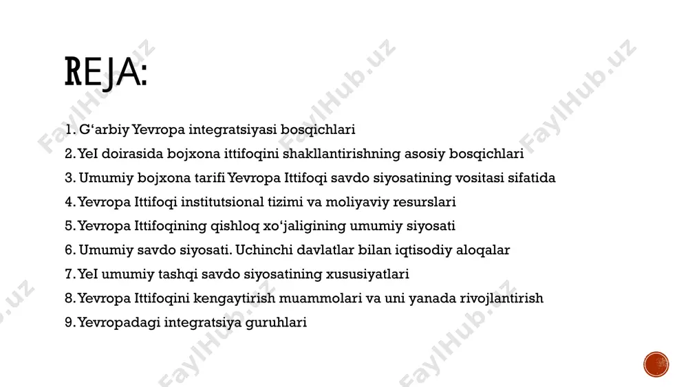 b, barqaror rivojlanishga ko‘maklashadi. siyosiy integratsiya: institutlar va umumiy siyosatni mustahkamlash evropa ittifoqi yevropa ittifoqining umumiy rivojlanish yo‘nalishlari va ustuvor yo‘nalishlarini belgilaydi. a’zo davlatlarning davlat va hukumat rahbarlaridan iborat. evropa komissiyasi qonunchilik tashabbuslarini ilgari suradi va yei qonunchiligining ijrosini nazorat qiladi. ijro etuvchi organ hisoblanadi. evropa parlamenti принимает законодательство ес совместно с советом европейского союза. представляет интересы граждан ес. evropa ittifoqi kengashi принимает законодательство ес совместно с европейским парламентом. состоит из министров стран-членов. yevropa ittifoqining tartibga solish mexanizmi: asosiy tamoyillar va vositalar proportsionallik tamoyili – yevropa ittifoqi faqat zarur bo‘lgan hollarda va minimal darajada harakat qiladi. bu tamoyil, ya'ni qo‘llaniladigan choralar a'zo davlatlarning ichki ishlariga ortiqcha aralashmasligi kerak. yuqori darajadagi hamkorlik – yevropa ittifoqining barcha a'zo davlatlari birgalikda ishlashni ta'minlaydigan tartibga solish mexanizmlarini yaratadi. ochiqlik va shaffoflik – yevropa qonunlari va siyosati jamoatchilikka ochiq va aniq bo‘lishi kerak. bu ishtirokchilarning qarorlar qabul qilish jarayonida o‘z fikrlarini bildirish imkoniyatini yaratadi. yevropa …