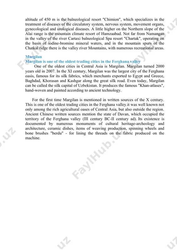 k, adras, bekasam, is evidenced by the amazing beauty and originality of execution of margilan embroidery-suzans and skullcaps. of particular interest are men's and women's national clothing of the inhabitants of the ferghana valley, and in particular margilan: kuylak-dresses, yakhtak-shirts, robes, rumol-headscarves and kiyikcha-waistscarves, etc. the factory "yodgorlik" (in translation from uzbek "a gift") you can get acquainted with all the stages of production of khan-atlas. this is the only factory where the original manual method of operation is preserved. it is also engaged in the production of carpets, both silk and wool. keeping the secrets of ancient technologies, the factory resumes ancient designs. to this day, many architectural monuments have been preserved in the city, among them: the pir siddiq complex (18th century), the khoja magiz mausoleum (18th century), the chakar mosque, the said ahmad–khoja madrasah (19th century), the toron – bazar mosque (19th century). kokand the first written …