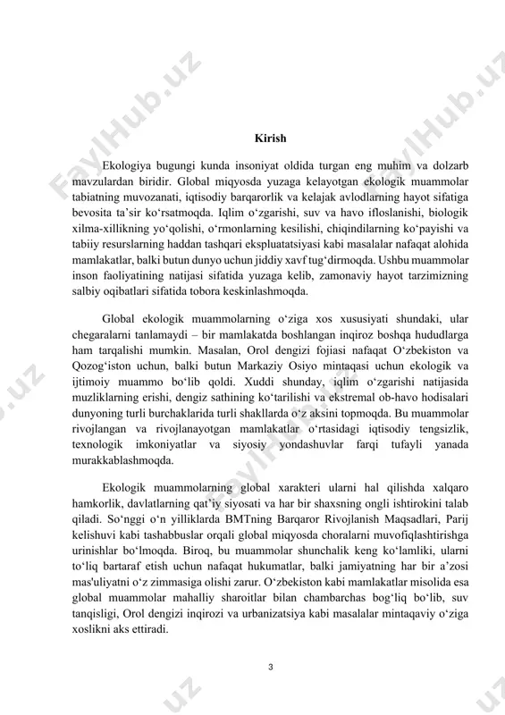 ‘oq shaharlarini suv ostida qoldiradi. bundan tashqari, ekstremal ob-havo hodisalari – qurg‘oqchilik, suv toshqinlari, bo‘ronlar – tez-tez ro‘y berib, millionlab odamlarni uysiz qoldirmoqda. 2023-yilda hindistonda issiqlik to‘lqinlari 100 dan ortiq odamning hayotiga zomin bo‘ldi, yevropada esa yong‘inlar 500 ming gektar o‘rmonni yo‘q qildi. qishloq xo‘jaligi hosildorligi pasaymoqda, chunki iqlim o‘zgarishi yomg‘ir rejimini buzib, tuproq unumdorligiga putur yetkazadi – afrika mintaqalarida bug‘doy hosili 15% ga kamaygan. havo ifloslanishi har yili 7 million odamning o‘limiga sabab bo‘ladi, chunki zavodlar, avtomobillar va ko‘mir stansiyalari zaharli gazlar (pm2.5, azot oksidi) chiqaradi. shaharlarda, masalan, dehlida havo ifloslanishi indeksi 500 dan oshib, nafas olish qiyinlashadi va o‘pka saratoni holatlari 30% ga oshgan. kislotali yomg‘irlar tufayli o‘rmonlar va ko‘llar zarar ko‘radi – shimoliy amerikada minglab daraxtlar nobud bo‘lgan. suv ifloslanishi ham global xavf – har yili 8 million tonna plastik okeanga tushadi, bu dengiz hayvonlarini bo‘g‘ib o‘ldiradi (masalan, kaplumbağalar plastikni ovqat deb adashadi). sanoat chiqindilari va pestitsidlar …