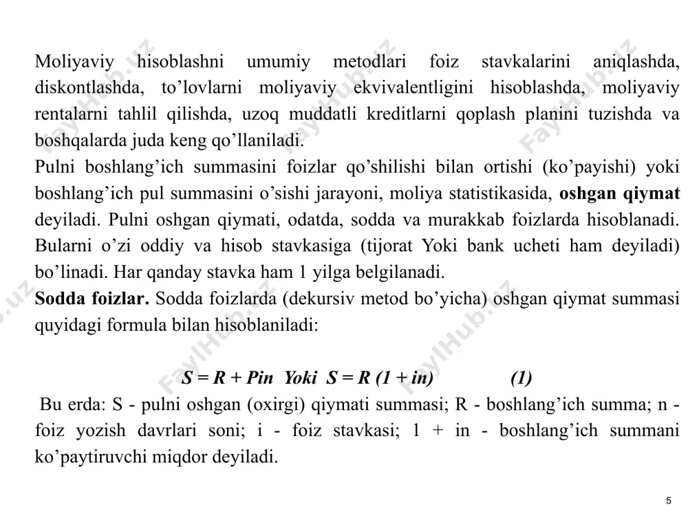 uni va mohiyati shundaki, foiz lar davr oxirida boshlang’ich summaga qo’shiladi yoki beriladi. hisob stavkasida esa foizlar kredit beriladigan paytda hisoblanib va olib qolinadi. bu usul antisipativ metod deyiladi. oshgan qiymat (s) summasi hisob stavkasi bo’yicha quyidagi formula bilan aniqlanadi: sp dn   ( ) 1 1 yoki sp+ dn    ( )1 1 1 (4) moliyaviy hisoblarda hamma narsa tayyor holda berilmaydi. shuning uchun ham yuqorida keltirilgan (1, 2, 3, 4) formulalar asosida noma’lum xadlarni aniqlash mumkin. masalan, davr uzunligini: n sp pi    ; ; n sp pi    va h.k. baho o’zgarishini hisobga olish uchun baho indeksini (ir), pulni xarid qobiliyatini o’zgarishni hisobga olish uchun inflyatsiya indeksini (ir) hisoblash kerak. ular ma’lum bo’lgandan keyin, ularni o’zgarishini hisobga olgan holda oshgan qiymatni hisoblash mumkin: sck=p[1+(1+i):i p ] n so’mni xarid qilish qobiliyatini hisobga olgan holda s teng bo’ladi: s = r …
