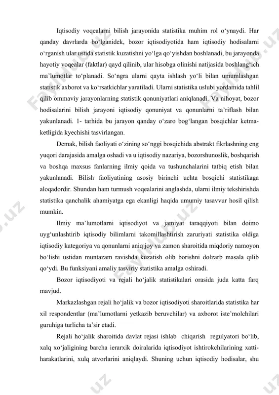 farq mavjud. markazlashgan rejali ho‘jalik va bozor iqtisodiyoti sharoitlarida statistika har xil respondentlar (ma’lumotlarni yetkazib beruvchilar) va axborot iste’molchilari guruhiga turlicha ta’sir etadi. rejali ho‘jalik sharoitida davlat rejasi ishlab chiqarish regulyatori bo‘lib, xalq xo‘jaligining barcha ierarxik doiralarida iqtisodiyot ishtirokchilarining xatti-harakatlarini, xulq atvorlarini aniqlaydi. shuning uchun iqtisodiy hodisalar, shu jumladan, yakka-yakka hodisalar nisbatan kamroq tasodifiy kuchlar ta’sirida bo‘lib, mikroiqtisodiy ko‘rsatkichlarni ham birmuncha barqaror rivojlanishi va turg‘un bo‘lishini ta’minlaydi. rejali boshqarish sharoitida statistikaning asosiy funksiyasi davlat rejalarini bajarish ustidan nazorat qilishdan iborat. shu maqsad jihatdan mikroiqtisodiy ko‘rsatkichlar eng muhim ahamiyatga ega, chunki iqtisodiyotning quyi darajalarida davlat rejasini bajarish yuqori darajalarda ham uning bajarilishini ta’minlovchi zamin hisoblanadi. mikroma’lumotlar ochiq bo‘lib, statistika va boshqa maqsadlarda ham ulardan foydalanish mumkin. hamma respondentlar korxona, tashkilotlar va muassasalar o‘z faoliyatilari haqidagi ma’ulumotlarni hisobot shaklida statistika tashkilotlariga taqdim etishga majburdir, chunki ular davlat va jamoa mulki shakllaridagi umumxalq mulki hisoblanadi. barcha respondentlar uchun tegishli hisobot ma’lumotlarini taqdim etish …