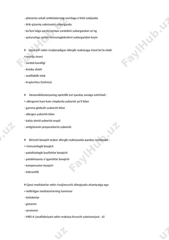 organizmga antigen tushguncha bo‘ladigan t-limfotsitlarni subpopulyatsiyalari (kichik turlari) ga qaysi xujayra lar kiradi : + antigenni tanuvchi t-limfotsitlar va t-effektor xujayralarini o‘tmishdoshlari - limfokin ishlab-chiqaruvchi limfotsitlar - antigen bog‘lovchi t-limfotsitlar - t-qillerlar - t- "xotira" xujayralar # (ayrisimon bez) timus qanday rol o‘ynaydi : + unda t-limfotsitlar differensiyalanadi - v-limfotsitlarni differensiatsiyalanishi ta’minlanadi - v-limfotsitlarni xosil bo‘lishi kuchayadi - immunoglobo‘linlar xosil bo‘lishini nazorat qiladi - "0" limfotsitlarning xosil bo‘lishini qontrol qiladi # imunologik reaktivlik organizmni qanday omillar ta’siriga javobi : + genetik jixatdan byog‘ona belgilarni tutuvchilarga - xar qanday - fizik faktorlarga - noorganik kimeviy moddalarga - genetik tomondan o‘xshash moddalarga # qaysilari gumoral reaktivlikni faktorlari: + lizotsim, interferon - serotonin - neytrofillar - mononuklear fagotsitlar sistemasining xujayralar - proqon vertin # qanday tushuncha rezistentlik : + bu organizmni patogen omillar ta’siriga chidamliligini ko‘rinishi - bu organizmni reaktivligi xolati - bu organizmni kasal chakiruvchi omillar ta’siriga javob bermasligidir - bu organizmning …