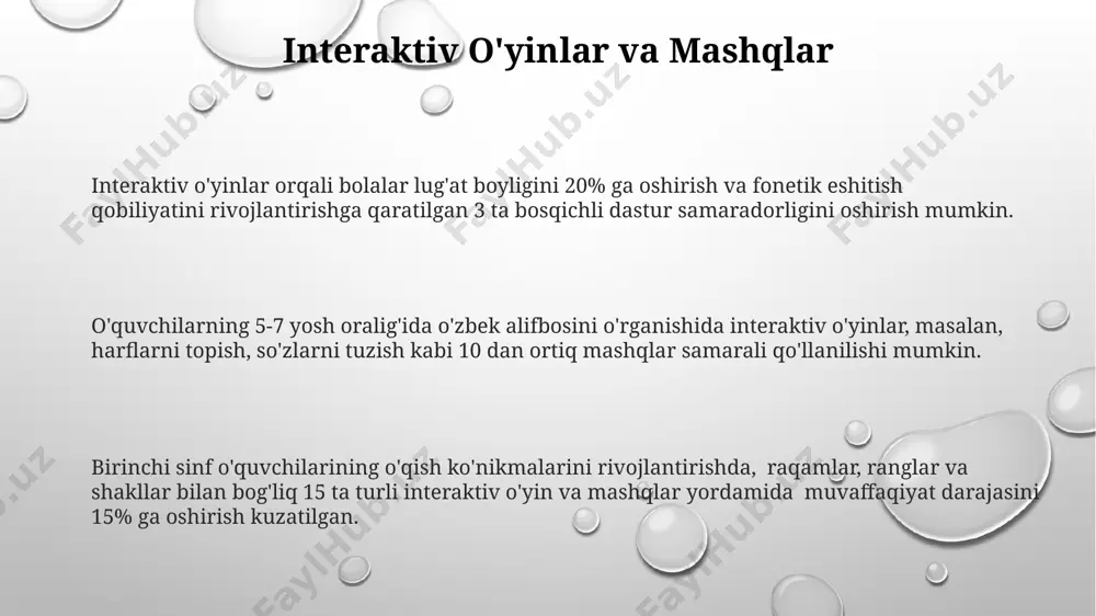 teraktiv mashqlar mavjud bo'lib, ularning nutq va til rivojlanishiga ijobiy ta'sir ko'rsatadi. dasturda o'yinlar, qo'shiqlar va hikoyalar orqali 3 ta asosiy o'quv sohasi: o'qish, yozish va gapirish ko'nikmalarini rivojlantirishga e'tibor qaratiladi. "til boyligini oshirish" dasturi 5-7 yoshli bolalar uchun mo'ljallangan bo'lib, lug'at boyligini 500 ta so'zga oshirishga qaratilgan. zamonaviy texnologiyalardan foydalanish elektron taxtalar va planshetlar yordamida 15-20 minutlik interaktiv mashg'ulotlar bolalarning so'z boyligini 10% ga oshiradi hamda yozma nutqini yaxshilaydi. zamonaviy texnologiyalar, masalan, interfaol o'yinlar va animatsion videolar yordamida bolalarda 5-7 yoshgacha bo'lgan davrda o'qishga qiziqishni 2 baravar oshirish mumkin. o'qishni o'rgatishda onlayn platforma va dasturlardan foydalanish natijasida o'quv jarayonini 30% tezlashtirish va 15% samaradorligini oshirish mumkin. nutq rivojlantirish nutq rivojlantirish dasturi 5-7 yoshdagi bolalar uchun mo'ljallangan bo'lib, unda lug'at boyligini oshirishga qaratilgan 30 dan ortiq o'yin va mashqlar mavjud. dasturda fonetik eshitishni rivojlantirishga qaratilgan 15 ta topshiriq bor, bu esa bolalarda tovushni aniq talaffuz qilish ko'nikmalarini shakllantirishga yordam beradi. …