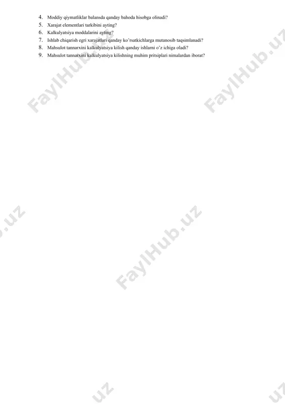 atlari hisobot davri oxiriga ishlovi tugatilmagan moddiy ishlab chiqarish zahiralariga to’g’ridan - to’g’ri munosabatga ega emas. bunda shu ma’no kelib chiqadiki, agar bu umumishlab chiqarish xarajatlari davr oxiridagi tugallanmagan ishlab chiqarishning moddiy - ishlab chiqarish zahiralari qoldiqlari hisobiga olinib keyingi hisobot davriga o’tkazilsa, unda bu qoldiqlar baholanishi oshirilib, hisobot davrining oxiriga omborda qolgan moddiy ishlab chiqarish zahiralarining narxi pasaytirilgan bo’ladi. shunday qilib, hisobot davrining foydasi oshirilib ko’rsatilsa, ehtiyotkorlik tamoyili buzilgan bo’ladi. qaytariladigan chiqindilarning baholanishi quyidagi tartibda amalga oshiriladi: 1. boshlang’ich moddiy resurslarning pasaytirilgan narxlari bo’yicha, ya’ni foydlanish mumkin bo’lgan narxlarda - agar chiqindilar hozircha asosiy ishlab chiqarish uchun, lekin oshirilgan sarflarda (tayyor mahsulot chiqishining pasaygani xolda), yordamchi ishlab chiqarish ehtiyojlari uchun keng iste’mol buyumlarini (madaniy - maishiy va xo’jalik ehtiyojlari uchun tovarlar) tayyorlashga ishlatiladigan bo’lsa; 2. boshlang’ich moddiy resursning to’la narxi bo’yicha - agar hisobga olinadigan chiqindilar chetga to’la qiymatli resurs sifatida foydalanish uchun sotilsa. hisobda reallilik va baholashdagi yagonalik …