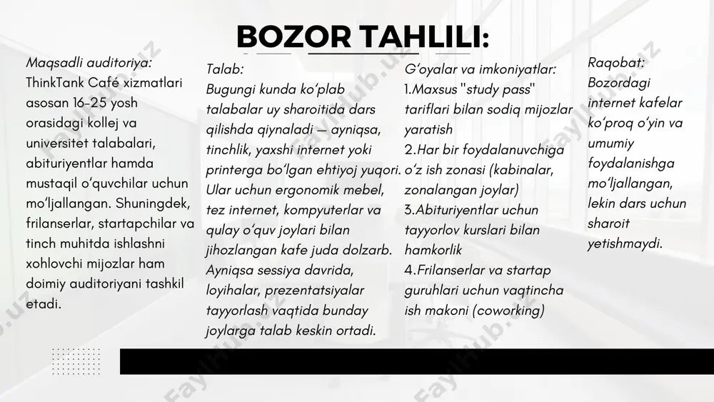zlik choralari. 4. talabning o‘zgarishi (mavsumiylik, pandemiya kabi) chora: onlayn xizmatlar yoki yetkazib berish, moslashuvchan xizmat turlari joriy qilish. xulosa: thinktank café talabalarga mo‘ljallangan tinch va zamonaviy o‘quv muhiti yaratib, bozordagi bo‘shliqni to‘ldiradi. sifatli xizmat, qulay joylashuv va samarali marketing strategiyasi yordamida biznes o‘zini oqlaydi va rivojlanadi. hello@reallygreatsite.com www.reallygreatsite.com 123 anywhere st., any city thank you for your attention