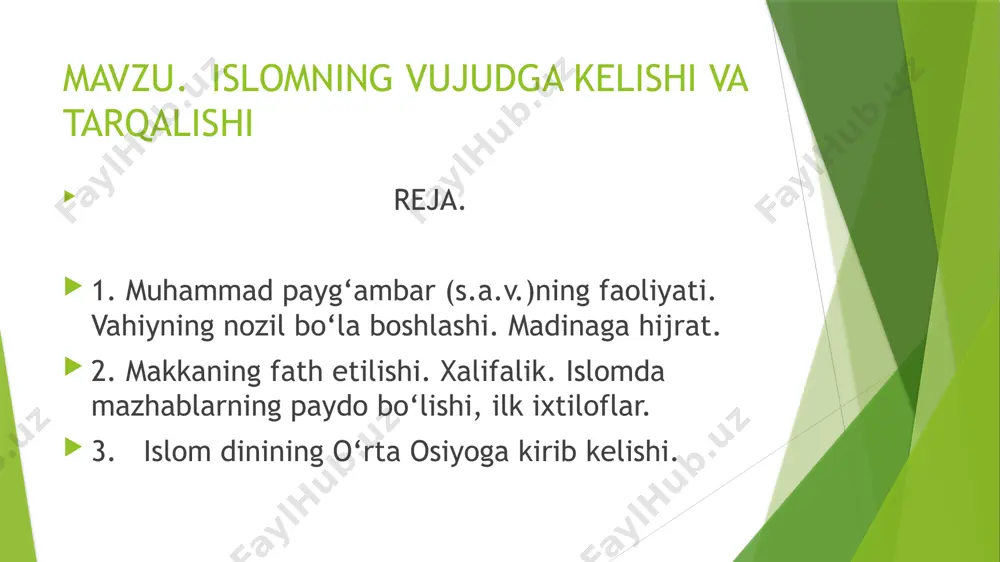 n abd al-muttalib arabiston tarixida “fil voqeasi” nomi bilan mashhur jangdan 50 kun keyin tavallud topgani haqida ilk islom manbalarida xabar beriladi. misrlik astronom mahmud poshoning ta’kidlashicha, payg‘ambarning tavallud sanasi milodiy 571 yil 21 aprelga to‘g‘ri keladi. otalari abdulloh o‘z o‘g‘li muhammad tug‘ilmasidan oldin savdo ishi bilan shomdan qaytayotib yasribda (hozirgi madina shahrida) vafot etgan. onalarining ismi omina bint vahb bo‘lib, banu zuhra urug‘idan edi. madina davri. madinaliklar makkaga payg‘ambar huzuriga kelib islomni qabul qildilar. ular bilan makkalik musulmonlar o‘rtasida do‘stlik aloqalari o‘rnatildi. makka mushriklarining musulmonlar ustidan tazyiqlari kuchaygach, payg‘ambar ko‘rsatmasiga binoan avval musulmonlar undan so‘ng o‘zlari yasribga hijrat qildilar. madinalik “ansor” (“yordamchi”)lar makkalik muhojirlarni do‘stona va samimiy kutib oldilar. payg‘ambarning hijrati rabi al-avvalning 8 kuni – milodiy 622 yil 20 sentyabrda bo‘ldi. shu yili birinchi musulmonlar masjidi qurildi. avs va xazraj arab qabilalari hamda banu qurayza, banu qaynuqo, banu nadir qabilalari bilan o‘zaro sulh tuzildi. har tomondan madinaga qarshi …