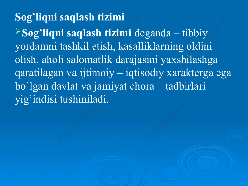 lari). 1.6.ixtisoslashtirilgan va ilmiy markazlar (respublika shoshilinch tibbiy yordam ilmiy markazi, jarrohlik, neyroxirurgiya ilmiy markazlari, allergiya, kardiorevmatologiya markazlari, tashxis qo`yish markazlari). 1.7.tez va kechiktirib bo`lmaydigan tibbiy yordam muassasalari. 1.8.ilmiy muassasalar, shahobchalar. 1.9.tibbiyot o`quv yurtlari. 1.10.sanatoriya-sog’lomlashtirish muassasalari. 1.11.tibbiyot statistikasi muassasalari (respublika axborot-tahlil markazi,viloyat axborotlar,statistika va istiqbolni belgilash byurosi). ii.sanitariya-profilaktoriya muassasalari 2.1.sanitariya-epidemiologiya (davlat sanitariya-epidemiologiya nazorati markazlari, spidni oldini olish va u bilan kurashish bo`yicha markaz, xo`jalik hisobidagi dezinfektsiya stantsiyalari, karantin va o`ta xavfli infektsiyalarni oldini olish markazlari). 2.2.sanitariya maorif muassasalari (salomatlik instituti, salomatlik markazi). iii.boshqa yordamchi va shu kabi muassasalar (sud-tibbiy tekshiruvi byurosi, patologoanatomiya byurosi va boshqalar). bu muassasalar tomonidan ko`rsatiladigan tibbiy yordam quyidagilarga bo`linadi: - birlamchi tibbiy-sanitariya yordami(btsyo). mahalla, qishloq va shahar vrachlik punktlari, fel’dsher-akusherlik bo`limlari, ambulatoriyalar, shahar poliklinikalari, tmk poliklinikalari, shoshilinch tibbiy yordam markazlari, davsanepidnazorat muassasalari, salomatlik markazlari tomonidan ko`rsatiladi ; -ixtisoslashtirilgan yordam, o`z navbatida ambulatoriya va statsionar yordamlariga bo`linadi. ixtisoslashtirilgan ambulatoriya yordami keng ko`lamli poliklinikalar, dispanserlar, maslahat-tashxis qo`yish markazlari …