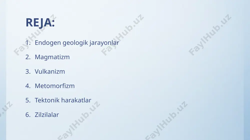 hamlari va sharoiti bo’yicha turli tanalarni hosil qiladi. tanalar ikkiga bo’linadi: 1) o’ta chuqurlikdagi, 2) yuzadagi tanalar. magmatizm 1-rasm. lakkolit va lopolit. “lakkolit” – yassi, do’mboq, gumbaz-simon yoki qo’ziqorin shaklidagi tana bo’lib, diametri yuzlab metrgacha, ba’zan kilometrgacha bo’lishi mumkin. “lоpоiit” – grek tilida “tovoq”, “hovuz” ma’nosini beradi. lakkolitga o’xshash shakl hosil qiladi, faqat osti lagan kabi botiq bo’ladi (1-rasm). “dayka” – tik paxsa devor ko’rinishidagi tana. qalinligi 1000-1500 mgacha, uzunligi yuzlab kmga yetadi. magmatizm “sill” – cho’kindi jinslar qatlamlari orasida ularga mos holda joylashgan magmatik tanalar bo’lib, yagona oqib chiquvchi kanal orqali bir-biri bilan birlashgan bo’ladi. “nekk” – silindrsimon magmatik tana. "vulkan bo’yin” deb ham ataladi. yuqoridan qaraganda ko’proq dumaloq yoki oval shaklda bo’ladi. “tomirlar” – daykaga o’xshash bo’lib, ulardan kichikligi bilan farq qiladi. shakli noto’g’ri, to’lqinsimon tomirlar ko’rinishida bo’ladi. tog’ jinslaridagi yoriqlarda vujudga keladi. vulkanizm magmaning yer yuzasiga otilib chiqishi “vulkanizm” deb ataladi. tashqariga chiqqan magmaga “iava” deyiladi. lavaning …