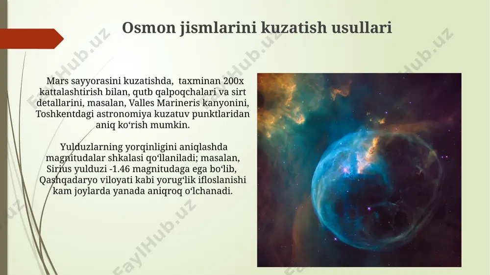 lanadi va u taxminan yana 5 milliard yil davomida asosiy ketma-ketlik yulduzi boʻlib qoladi. uning energiyasi yadroviy sintez jarayonlari natijasida hosil boʻladi. quyosh asosan vodorod (71%) va geliydan (27%) iborat boʻlib, qolgan 2% esa ogʻir elementlar, masalan, kislorod, uglerod va azotdan tashkil topgan. uning yuzaki harorati taxminan 5500 selsiy darajani tashkil etadi. astronomiya ta'limiga kirish samarqanddagi mirzo ulug'bek rasadxonasi, 15-asrda qurilgan bo'lib, astronomiya tarixida muhim ahamiyatga ega, 30 dan ortiq yulduzlar koordinatalarini aniqlashda ishlatilgan asboblar bilan jihozlangan. astronomiya ta'limi, 7-sinfdan boshlab, o'zbekiston maktablarida fizika faniga integratsiyalangan holda, 10 dan ortiq dars soati bilan o'qitiladi va yer, quyosh sistemasiga oid asosiy tushunchalarni o'z ichiga oladi. kosmik nurlanish va uning manbalari kosmik nurlanishning yuqori energiyali zarralari, masalan, 10^19 ev energiyaga ega bo'lgan zarralar, ularning kelib chiqishi hali to'liq aniqlanmagan bo'lsa-da, fazoviy ob'ektlar, masalan, faol galaktika yadrolari orqali hosil bo'lishi mumkin. kosmik nurlanishning eng kuchli manbalaridan biri, taxminan 13,8 milliard yil oldin katta …