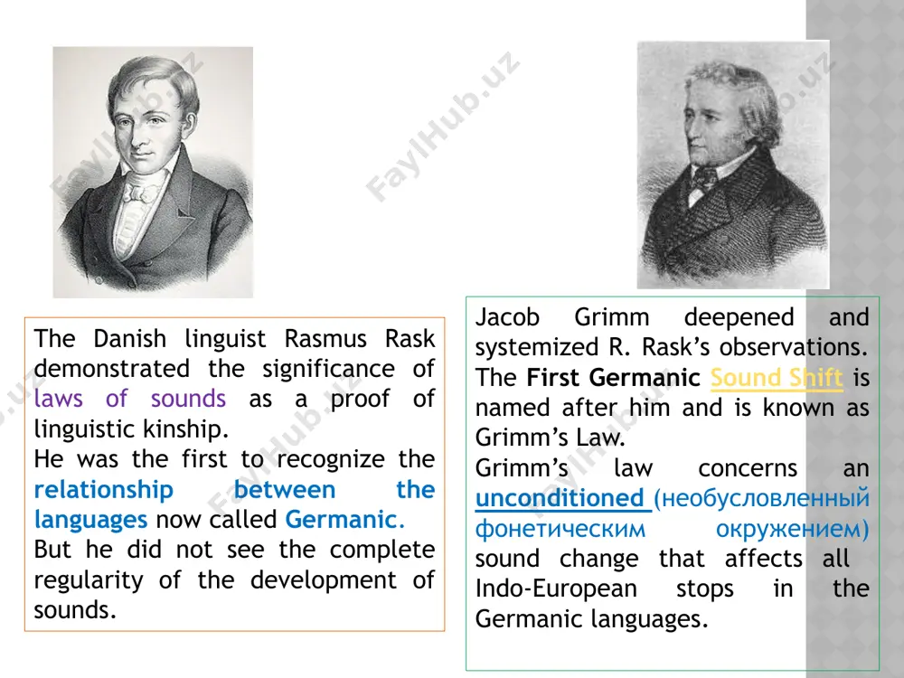 jöd english: warm dutch, german: warm, swedish: varm germanic consonant shift ie p, t, k, kw germ. f, ѳ (þ), h, hw ie b, d, g, gw germ. p, t, k, kw/k ie bh, dh, gh, ghw germ. b, d, g, gw mnemonic rule exceptions to grimm’s law: 1. the ie [p, t, k] remained unchanged after the sound [s]: lat. piscis gth. fisks 2. only the first of a group of voiceless stops changed to a spirant: lat. octo gth. ahtau lat. noctis gth. nahts rask's and grimm's work pointed out prominent correlations between the germanic and other indo-european languages of europe and western asia. the law was a systematic and coherent formulation, well supported by examples. it is important for historical linguistics because it clearly demonstrates the principle that sound change is a regular phenomenon and not a random process affecting only some words. verner's law verner's law, …