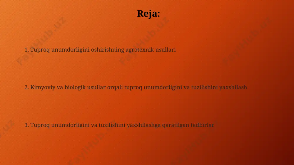 ost) kiritish tuproq strukturasini yaxshilaydi va eroziyaga chidamliligini 40% gacha oshiradi. tuproq salomatligini monitoring qilish tuproqning ph darajasini va tuz miqdorini aniqlash uchun, 10 ta namunani 0-20 sm chuqurlikdan olib, tahlil qilish va natijalarga ko'ra, tuproqning kislotaligi yoki sho'rlanish darajasini aniqlash mumkin. tuproqning organik moddalar miqdorini aniqlash uchun laboratoriya tahlillari o'tkazish va yillik o'sish dinamikasini kuzatib borish, 2% dan kam bo'lsa, tuproq unumdorligini oshirish choralari ko'rish zarurligini ko'rsatadi. tuproqning tuzilishini yaxshilash usullari tuproqqa 2-3% miqdorida organik o'g'itlar, masalan, kompost yoki go'ng qo'shish tuproqning unumdorligini va suv o'tkazuvchanligini 15-20% ga oshirishi mumkin. no-till dehqonchilik texnologiyalaridan foydalanish tuproqning yemirilishini kamaytiradi, organik moddalar miqdorini saqlaydi va tuproqning suvni ushlab turish qobiliyatini 5-10% ga yaxshilaydi. tuproqni himoya qiluvchi ekinlar tuproqni shamol va suv eroziyasidan himoya qiluvchi ekinlar hosilning 15% gacha yo'qotilishini oldini olishga yordam beradi va bioxilma-xillikni oshiradi. tuproq eroziyasini 30% ga kamaytirishga yordam beradigan, chuqur ildiz tizimiga ega ko'p yillik o'tlar tuproqni himoya …