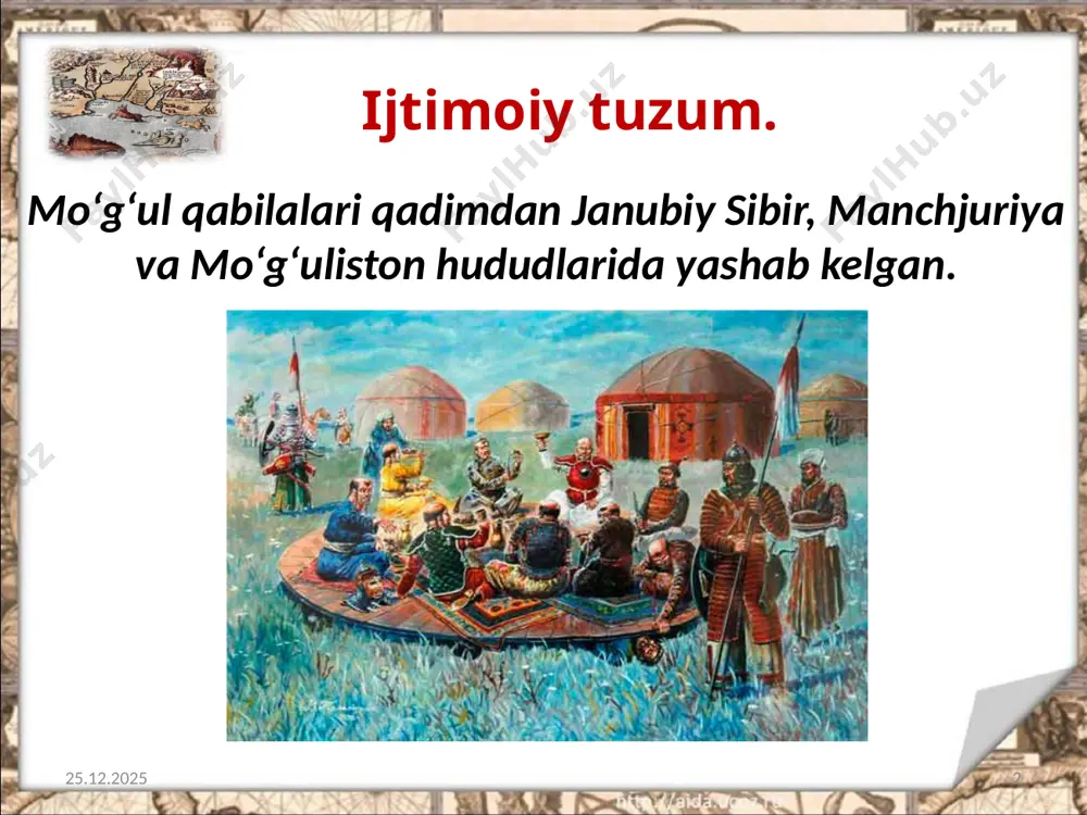 nga qarshi 1218-yilda boshlangan bosqinlar, 08.08.2019 13 xorazmshohlar davlatiga 1219–1221-yillardagi bosqinlar bilan davom etadi. 1224-yilda chingizxon zabt etilgan hududlarni o‘z o‘g‘illari: 08.08.2019 14 jo‘ji, chig‘atoy, o‘qtoy va tuliga uluslarga bo‘lib, taqsimlab beradi. o‘qtoyni taxt vorisi etib tayinlaydi savol va topshiriqlar 1. mo‘g‘ul qabilalari yashagan hududlarni yozuvsiz xaritaga tushiring. 2. mo‘g‘ullarning mashg‘ulotlari nimalardan iborat bo‘lgan? 3. chingizxon davlati qay tariqa vujudga kelgan? 4. mo‘g‘ullar qo‘shinining tuzilishini so‘zlab bering. 08.08.2019 15 image2.jpeg image3.jpeg image4.jpeg image5.emf image6.jpg image7.jpeg image8.emf image9.jpeg image10.jpeg image11.emf image12.jpeg image13.jpeg image14.jpeg image15.jpeg image16.jpeg image1.jpeg