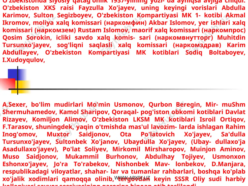 ndi. www.arxiv.uz www.arxiv.uz 20-yillarda turkiston respublikasida mas'ul lavozimlarda ishlagan: turor risqulov, qayg'usiz otaboyev,nazir to'raqulov, sanjar asfandiyorov, abdullarahimboyev, nodirboy aytaqovlar 1937—1939-yillarda qamoqqa olinib, mustabid sovet rejimi tomonidan yo'qqilindi. o'zbekistondagi siyosiy elita «millatchilik vasovet hokimiyatiga qarshi kurasli olib borish»da, shu-ningdek, qurolli qo'zg'olon ko'tarishni tayyorlaslida ayblandi. www.arxiv.uz www.arxiv.uz o'zbekiston jamiyatning hamma tabaqalariga yoyil-gan hibsga olish to'lqini ostida qoldi. davlat va jamoatarboblari, xo'jalik rahbarlari bilan bir qatorda milliyziyolilar ommaviy ravishda qatag'on qilindi. xx asro'zbek madaniyatining bebaho yulduzlari fitrat, cho'l-pon va abdulla qodiriy bir kunda — 1938-yil 4-oktabr-da toslikent shahri atrofida otib taslilandi. 4-oktabrdaqamoqqa olingan ko'plab yurtdoshlarimiz ommaviy ra-vishda qatl qilingan. www.arxiv.uz www.arxiv.uz usmon nosir, mannon ramziy, elbek — masliriqyunusov, bosit qoriyev, miyonbuzruk solihov, asliuralizohiriy, ziyo said — qosim solihov, muhammadsharifso'fizoda, ishoqxon ibrat, tavallo — to'lagan xo'jam-yorov, g'ozi olim yunusov, g'ozi yunusov, g'ulomzafariy, otajon hoshimov, qayum ramazonov, shokirsulaymon, anqaboy xudoybaxtiyev kabi o'zbek xalqi-ning ko'plab ziyolilari: shoirlar, adiblar va olimlarqatag'on qilindi. www.arxiv.uz www.arxiv.uz shuningdek, 20-yillarda germaniya …