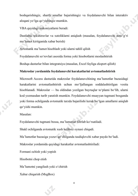 oralig‘idagi ma’lumotlar avtomatik hisoblab chiqiladi; excel faylga eksport qilinadi; shartga qarab, ogohlantirish yoki maxsus forma ochiladi. vba dasturlashni bilgan foydalanuvchi uchun access — bu kuchli va moslashuvchan platformaga aylanadi. bu orqali nafaqat amallar avtomatlashtiriladi, balki ma’lumotlar bazasi vizual va funksional jihatdan ancha professional ko‘rinishga ega bo‘ladi. 2. murakkab hisobotlar va interaktiv shakllar yaratish microsoft access dasturining asosiy vazifalaridan biri — ma’lumotlarni aniq va tushunarli tarzda ko‘rsatishdir. bu vazifani amalga oshirishda access foydalanuvchiga ikkita qudratli vositani taklif qiladi: hisobotlar (reports) va shakllar (forms). ular yordamida nafaqat ma’lumotlarni ko‘rish qulaylashadi, balki foydalanuvchining ma’lumotlar bazasi bilan ishlashi interaktiv va samarali bo‘ladi. hisobotlar (reports) hisobotlar — bu accessdagi ma’lumotlarni bosma yoki elektron shaklda, aniq tartibda va dizaynda taqdim etish vositasidir. foydalanuvchi hisobotlar yordamida ma’lumotlarni: toifalarga ajratib jamlagan holda (masalan, umumiy miqdorlar, o‘rtacha qiymatlar) grafikalar, jadval va diagrammalar ko‘rinishida taqdim etishi mumkin. hisobotlar odatda quyidagi maqsadlarda qo‘llaniladi: oylik yoki yillik statistik tahlillar moliyaviy hisob-kitoblar tashkilot …