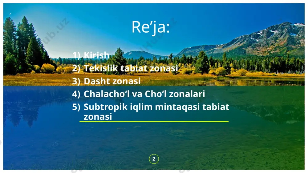 kalari toʻplami mavjud. 3 3 тekislik tabiat zonasi o‘zbekistonning tekislik qismi turon tekisligining bir qismi bo‘lib, uning g‘arbi va shimoli g‘arbini egallagan. tekislikning shimoli-g‘arbiy chekkasida ustyurt platosi joylashgan. u atrofidagi tekisliklardan va orol dengizi yuzasidan tik ko‘tarilib turadigan yonbag‘irlar bilan o‘rab olingan, ular chinklar deb yuritiladi. platoning o‘zbekiston joylashgan qismining okean sathidan balandligi 120—180 m atrofida bo‘lib, uning eng yuqori nuqtasi qorabovur qirida (292 m). ustyurtning yer yuzasi butunlay tekis bo‘lmasdan bir qancha botiqlar (borsakelmas, asaka-îvdon va boshqalar) uchraydi, platoning janubi-sharqiy qismida esa sariqamish botig‘i joylashgan. amudaryoning quyi oqimida juda katta delta hosil bo‘lgan. uning yuzasi daryoning qadimgi (ko‘hnadaryo, daryoliq) va hozirgi o‘zanlari bilan kesilgan. uning o‘rta qismida tub tog‘ jinslaridan tuzilgan kichik-kichik balandliklar ko‘zga tashlanadi. amudaryo deltasidan sharqda qizilqum cho‘li boshlanadi. yer yuzasining tuzilishi juda xilma-xil. 4 4 5 bu yerda past tog‘lar — bo‘kantov, tomditov, ovminzatov, quljuqtov, yetimtov, uning g‘arbiy qismida esa sulton uvays tog‘i qumli va gilli …