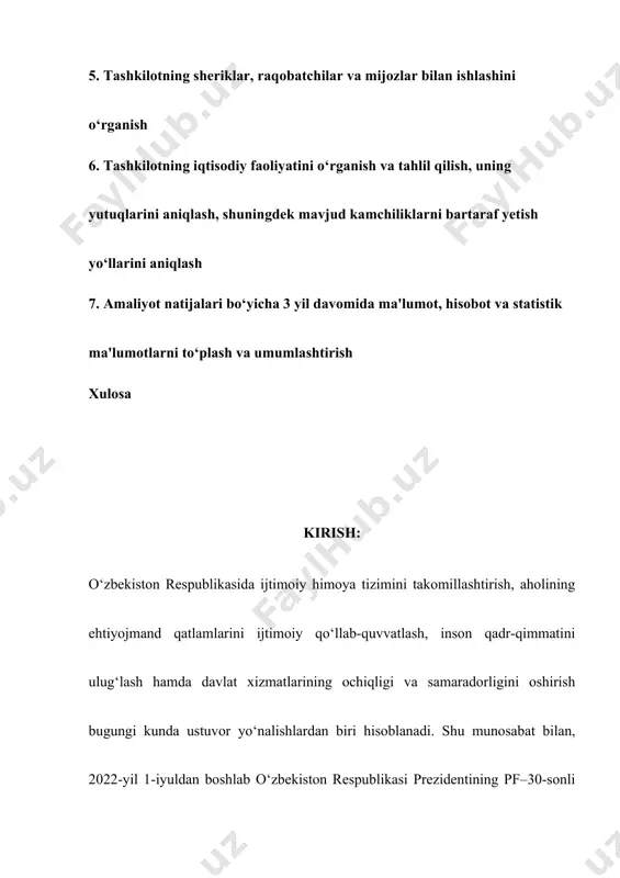 natga layoqatli ishsiz a'zolari, aholi bandligiga ko'maklashish markazlarida (abkm) ro'yxatdan o'tgan ishsizlar va boshlang'ich tadbirkorlarga ko’maklashishga qaratilgan. ushbu loyiha uchta tarkibiy qismdan iborat: i. ijtimoiy yordam tizimini modernizatsiya qilish. bunga: a) yagona ijtimoiy reyestrni joriy etish va joylashtirish, shuningdek miliiy ijtimoiy reyestrga o'tish; b) kam ta'minlangan oilalar uchun ijtimoiy nafaqalar samaradorligini oshirish orqali ijtimoiy yordam tizimini mustahkamlashni qo'llab-quvvatlash; c) pul nafaqasini to’lab berishdagi pilot loyihani ishlab chiqish, amalga oshirish va baholashni qo'llab-quvvatlash; d) ijtimoiy nafaqalar tizimining nazorati, hisobdorligi va shaffofligini oshirishni qo'llab-quvvatlashga qaratilgan chora-tadbirlar kiradi. 2. tashkiliy-iqtisodiy tuzilmani, muassasaning boshqaruv tizimini, uning bo‘linmalarini o‘rganish. ularning funksiyalarini o‘rganish: a) yangi biznesni boshlash uchun subsidiyalarni oluvchilarga, shuningdek ishsizlar uchun imtiyozli mikrokreditlar oluvchilarga o'z biznesining rentabelligi va muvaffaqiyatini oshirishga qaratilgan ta’lim dasturlari; b) bandlik va tadbirkorlikni rag'batlantirishga, shuningdek ish beruvchilar va ishsizlarga subsidiyalar berish orqali ishsizlikni kamaytirishga qaratilgan mehnat bozori dasturlarini amalga oshirishni moliyaviy qo'llab-quvvatlash; c) yagona milliy mehnat tizimini (ymmt) takomillashtirish, shu …