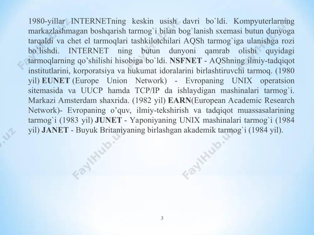 t (international) – xalqaro muassasalar; mil (military) – harbiy muassasalar; internet xalqaro maqomga erishgach, unga davlat nomlari qo'shila boshlandi: -fr -frantsiya -uk buyuk britaniya; -jp yaponiya; -ru rossiya; -uz o'zbekiston -ua ukraina va h.k.