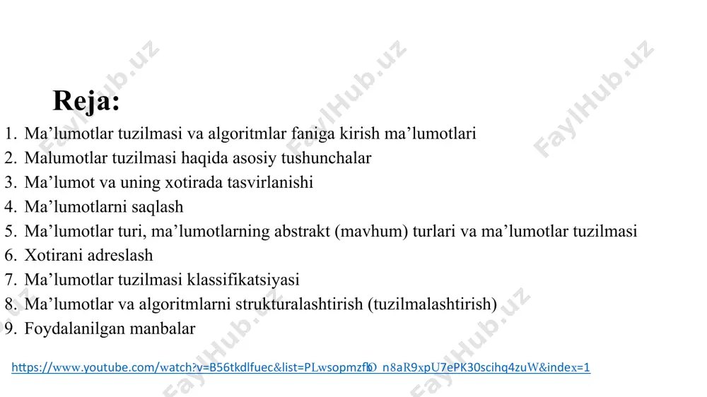 arini ifodalab beradi. qurilmani loyihalash uchun ishlab chiqilgan algoritm – bu elektron mantiqiy qurilmalarda qat’iy amalga oshiriladigan qoidalar bo’lib, xotirada saqlangan ma’lumot bajarilishi lozim bo’lgan komanda sifatida bo’ladi. dasturlash – bu nafaqat aqliy faoliyatni avtomatlashtirish, balki, ilmiy tadqiqot predmeti hisoblanadi. qandaydir amaliy masalani yechish uchun dastur tuzish jarayoni quyidagi bir nechta bosqichlardan tashkil topgan: 1. masalaning qo’yilishi (qo’yilgan masalaga texnik topshiriqni ishlab chiqish); 2. rasmiylashtirish – formallashtirish (masalaning matematik qo’yilishi); 3. masalani yechish usulini tanlash (yoki ishlab chiqish); 4. algoritmni ishlab chiqish (algoritmlash); 5. dastur tuzish (dasturlash); 6. dasturni testlash va otladka qilish; 7. natijalarni hisoblash va qayta ishlash hamda dasturni hujjatlashtirish (foydalanuvchi yo’riqnomasini ishlab chiqish). tizimning noaniqligini o’lchash uchun bit deb ataluvchi maxsus birlik qabul qilingan. bit hech bo’lmaganda ikkita mumkin bo’lgan holatga bog’liq noaniqlik (yoki ma’lumot)ning o’lchovi hisoblanadi, masalan rost-yolg’on yoki bor-yo’q holatlar. bit noaniqlik va axborotning o’lchovi sifatida qo’llaniladi, ya’ni olingan axborotlar soni axborotlarni olish natijasida yo’qotilgan …