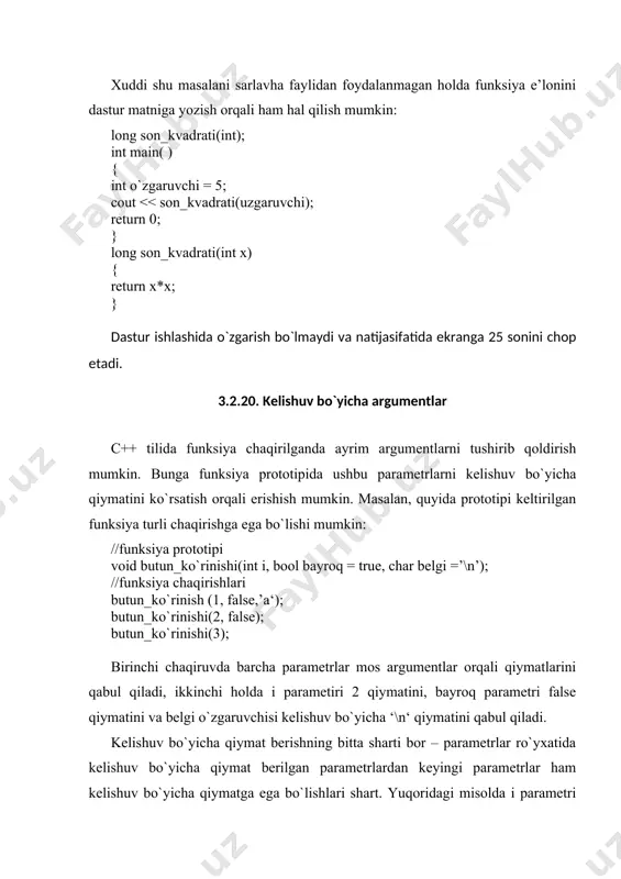 (shart operatorining rost shoxi). har bir rekursiv murojaat qo`shimcha xotira talab qiladi – dasturning lokal obyektlari (o`zgaruvchilari) uchun har bir murojaatda stek deb nomlanuvchi xotira segmentidan yangidan joy ajratiladi. masalan, rekursiv funksiyaga 100 marta murojaat bo`lsa, jami 100 lokal obyektlarning majmuasi uchun joyajratiladi. shu sababli juda ko`p rekursiya bo`lganda, stek o`lchami cheklanganligi sababli (real rejimda 64 kb o`lchamgacha) u to`lib ketishi mumkin va bu holda dastur o`z ishini «stek to`lib ketdi» xabari bilan to`xtatadi. rekursiya chiroyli, ixcham ko`ringani bilan xotirani tejash va hisoblash vaqtini qisqartirish nuqtayi-nazaridan imkon qadar uni iterativ hisoblash bilan almashtirilgani ma’qul hisoblanadi. masalan, x-haqiqiy sonini n butun darajasini hisoblashni quyidagi yechim varianti nisbatan kam resurs talab qiladi: double butun_daraja(double x, int n) { double p=1; for (int i=1; i int max(int, int); char max(char, char); float max(float, float) int max(int, int, int); void main() { int a,int b, char c, char d,int k,float x,y; cin >> a>>b>>k>>c>>d>>x>>y; …