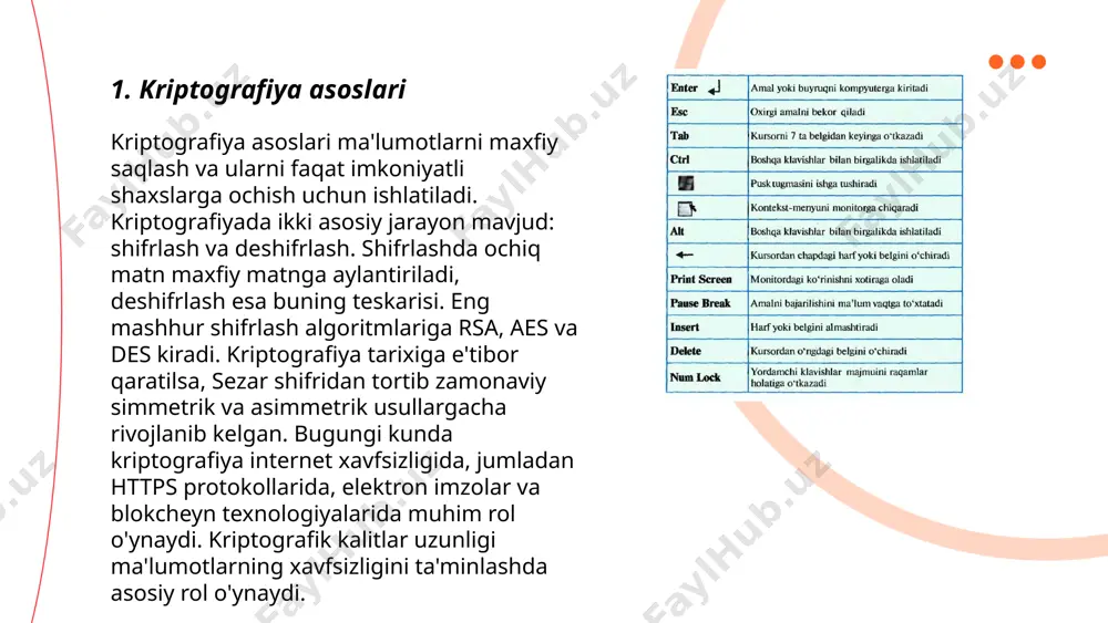 shifri zamonaviy kriptografiya uchun juda oddiy hisoblanadi va faqat o‘quv maqsadlarida foydalaniladi. ... t.me/slaydai_bot aes (advanced encryption standard) — bu simmetrik kalitli shifrlash algoritmi bo'lib, 2001-yilda nist tomonidan standart sifatida qabul qilingan. aes algoritmi blokli shifrlash standarti (bss) sifatida 128 bitli bloklarni ishlatadi va uchta kalit uzunligi variantiga ega: 128 bit, 192 bit va 256 bit. har bir kalit uzunligi bo'yicha iteratsiyalar soni mos ravishda 10, 12 va 14. aes tezlik va xavfsizlikni ta'minlaydi hamda keng ko'lamda ma'lumotlarni himoya qilishda ishlatiladi. us hukumatida ham aes algoritmi ko'plab dasturlar va protokollarda qo'llaniladi. aesning asosan bloklarni almashtirish, aralashtirish va yangilash jarayonlaridan iborat strukturalari orqali ma'lumotlarni himoya qiladi. ... t.me/slaydai_bot 7. rsa algoritmi rsa algoritmi - bu kriptografiya usuli bo'lib, 1977-yilda ron rivest, adi shamir va leonard adleman tomonidan ishlab chiqilgan. algoritm asimmetrik va ikkita kalitga asoslangan: ochiq va maxfiy kalit. ochiq kalit shifrga olish uchun, maxfiy kalit esa deshifrlash uchun ishlatiladi. rsa …