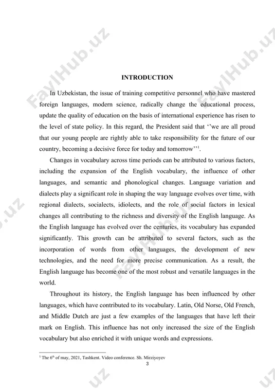 ty. by comparing lexical changes across different time periods, the research sheds light on the linguistic mechanisms that have shaped the english language as it is known today. the study also highlights the importance of lexicology in language preservation, historical linguistics, and language education. actuality of the course work: the meanings and pronunciation of words in the english language have undergone significant changes. this can be attributed to various factors, such as the influence of other languages, historical events, and social changes. as language evolves, words can change in meaning, become obsolete, or acquire new meanings, while pronunciation can also shift due to regional accents, social factors, or the influence of other languages. language variation and dialects play a crucial role in shaping the english language. regional dialects, which are influenced by the geographical location and history of a region, showcase the diversity of english across different parts of the …