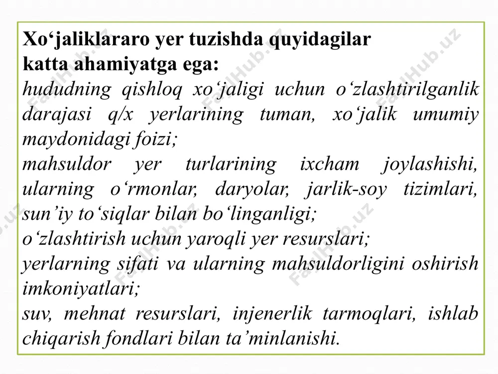 шахсий кабинет — иштирокчига танловларга буюртма бериш, уларда қатнашиш, шахсий ҳисобни бошқариш, унинг ҳолати ва бошқа статистик маълумотларни кўриш ҳамда оператор томонидан жўнатилаётган хабарлар билан танишиб бориш имконини берувчи савдо платформанинг махсус бўлими; шахсий ҳисобварақ — савдо платформаси маълумотлар базасида талабгор рўйхатдан ўтганда автоматик равишда очиладиган ҳисобварақ; закалат — иштирокчи томонидан танловда қатнашиш учун кафолат таъминоти сифатида киритиладиган пул; qishloq xo‘jalik korxonalarining tashkil topish va takomillashish jarayoni qishloq xo‘jalik yerlarining tarkibi turlicha bo‘lgan hududlarda o‘tkaziladi. shuning uchun ham, yer tuzish ishlari jumlasiga qishloq xo‘jaligida foydalanish uchun yaroqli yerlarni aniqlash ham kiradi. bu ishlar asosan yangi xo‘jaliklar tashkil qilish va ularga yer ajratish bilan bog‘liqdir. katta yer maydonlarini o‘zlashtirishda yirik xo‘jaliklar bo‘linganda bir guruh xo‘jaliklar qayta tashkil qilinganda kichik xo‘jaliklar birlashib yiriklashganda q/x korxonalari yerlarida boshqa turdagi xo‘jaliklar tashkil qilinganda yangi qishloq xo‘jalik korxonalari quyidagi vaziyatlarda tashkil qilinadi 2-илова деҳқон хўжалиги юритиш учун ер участкаларини очиқ электрон танлов орқали ижарага бериш …
