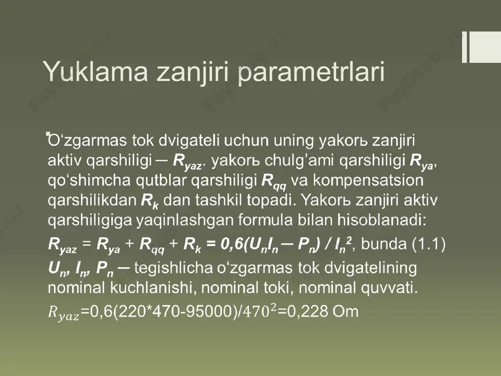 l uchun moslashuvchan transformator tmг-10 taransformatori o’zgartgich ventil bo’lgan tiristor t253-1250tipli ularning himoyasi uchun avtomatlar o’zgaruvchan tok zanjiri uchun a3748m va o’zgarmas tok zanjiri uchun a3748mlarni tanladik kurs ishi davomida berilgan vazifalar to’la qonli qanoatlantirildi.tanlangan qurilmalar berilgan shartlar bo’yicha bajarildi, 1. imomnazarov a.t. sanoat korxonalari va fuqarolik binolarining elektr jihozlari ─ t.: «ilm ziyo», 2006. ─ 185 b. 2. valeriy vodovozov «introduktion» to power enginering, ist edition bookboon. london, 2010. ─ 112 p. 3. vodovozov v. electric drive systems and operation bookboon. london, 2011. ─ 113 p. 4. хошимов о.о., имомназаров а.т. электромеханик қурилма ва мажмуаларнинг элементлари. ─ т.: «ўажбнт» маркази. 2003. ─ 124 б. 5. imomnazarov a.t. elektromexanik tizimlarning elementlari. oliy o‘quv yurtlari uchun darslik. ─ т.: «ta’lim», 2009. ─ 155 b. image2.png image3.png image4.png image5.png image6.png image7.png image8.png image9.png image10.png image11.png image12.png image13.png /docprops/thumbnail.jpeg