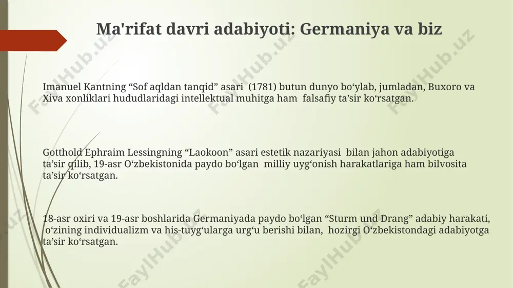 a fransiya faylasuflarining asarlari, masalan, kant va monteskyoning g'oyalari, markaziy osiyoda, xususan buxoro amirligi va xiva xonligida, intellektual muhitga sekin-asta ta'sir qildi. 18-asr oxiri va 19-asr boshlarida ma'rifat g'oyalari rossiya imperiyasi hududidagi, shu jumladan, o'rta osiyo xalqlari orasida ham, garchi cheklangan bo'lsa-da, tarqala boshladi. e'tiboringiz uchun rahmat @taqdimot_robot