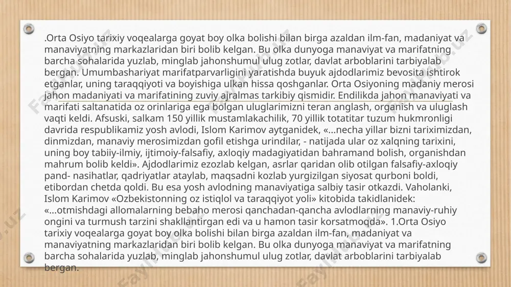 llaydi. oilada ota – onalar, ayniqsa, o‟qimishli ota – onalar o‟z farzandlarining haqiqiy inson bo‟lib kamol topishiga alohida e‟tibor berishlari lozim. e’tiboringiz uchun rahmat image4.png image5.jpeg image6.jpeg image7.png image8.png image9.png image15.png image16.png image17.png image2.jpeg image10.png image11.png image12.png image13.png image14.png image3.png